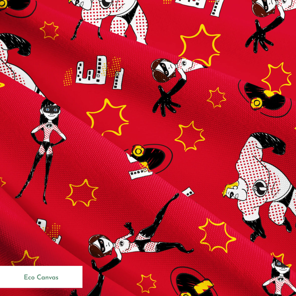 Red background pattern with The Incredibles, yellow stars, and comic book style graphic elements springs ecocanvas texture