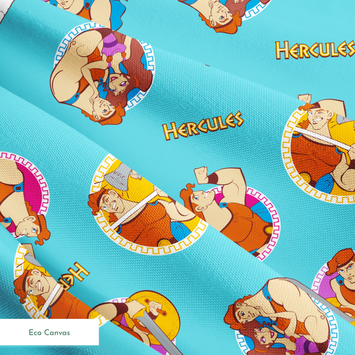 Cartoon characters from Hercules arranged in circular patterns on light blue background springs ecocanvas texture