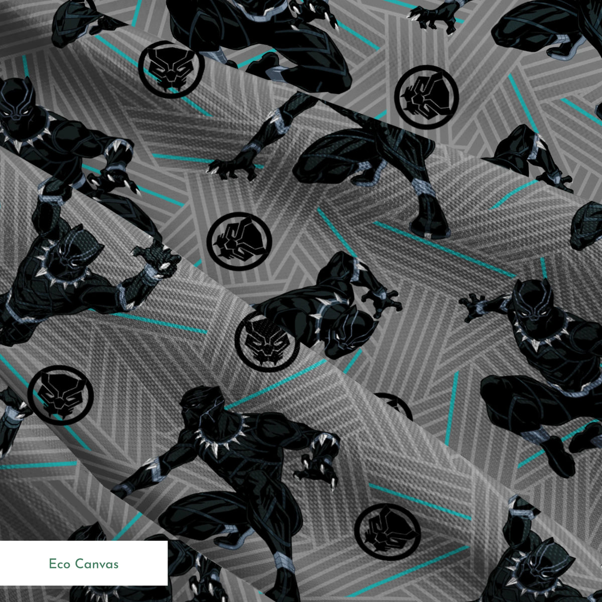 Black superhero figure in dynamic poses against gray geometric background with teal accents and circular emblems springs ecocanvas texture
