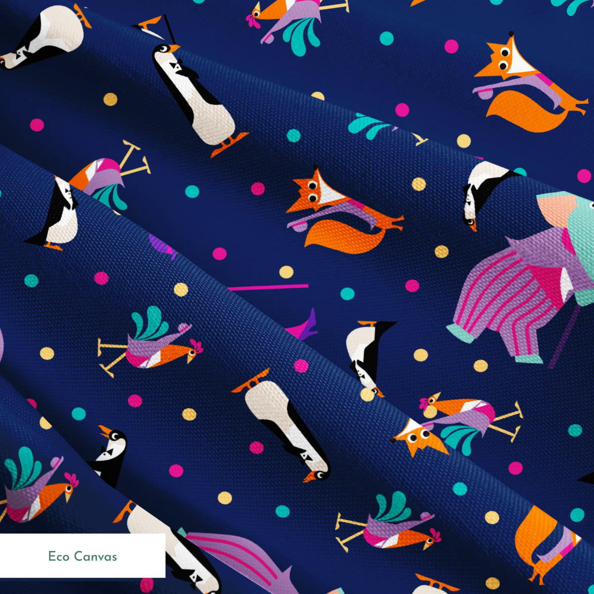 Colorful Mary Poppins pattern of whimsical animals including foxes and birds on a dark blue background with polka dots springs ecocanvas texture