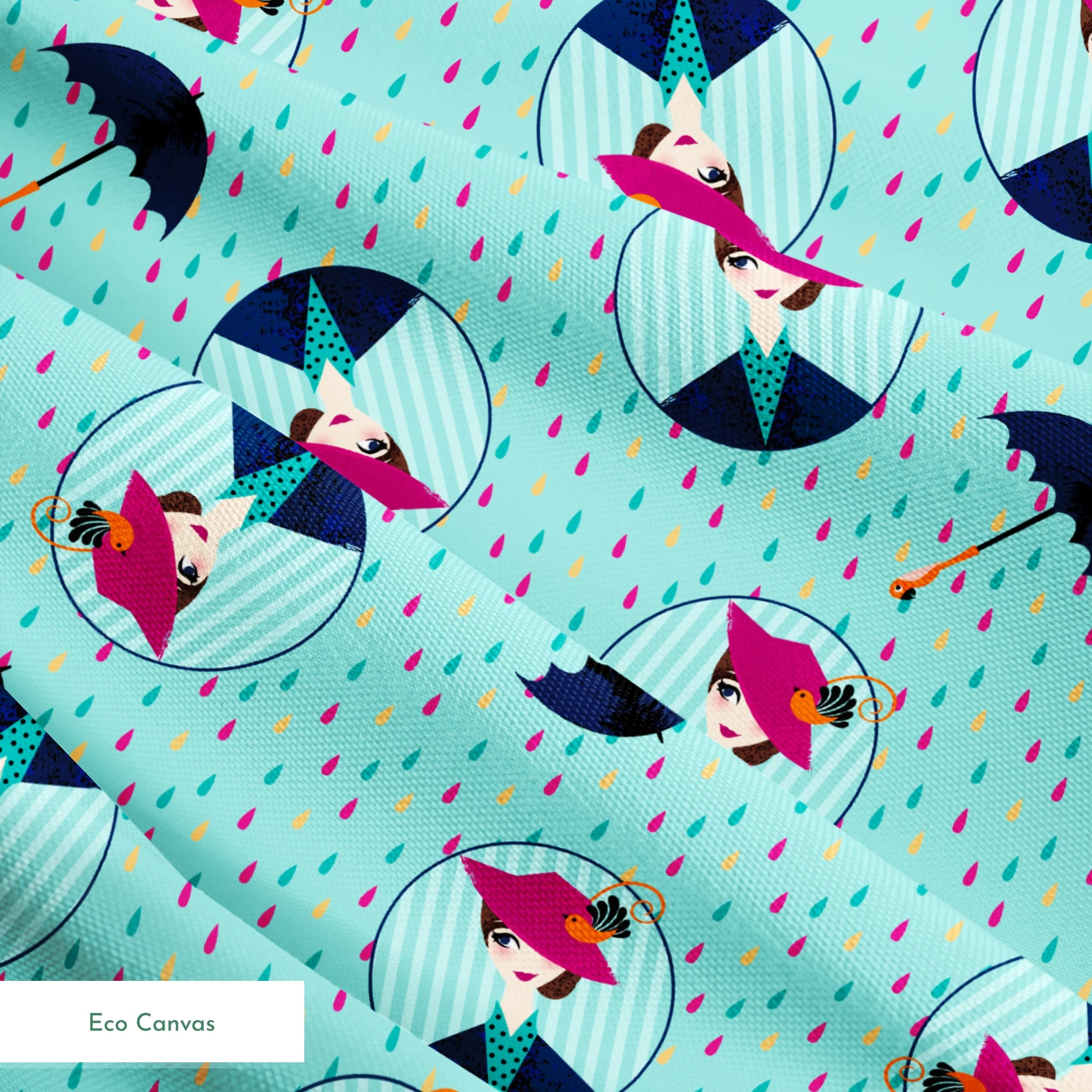 Colorful rainy pattern with Mary Poppins holding umbrellas in circular frames on turquoise background with pink raindrops springs ecocanvas texture