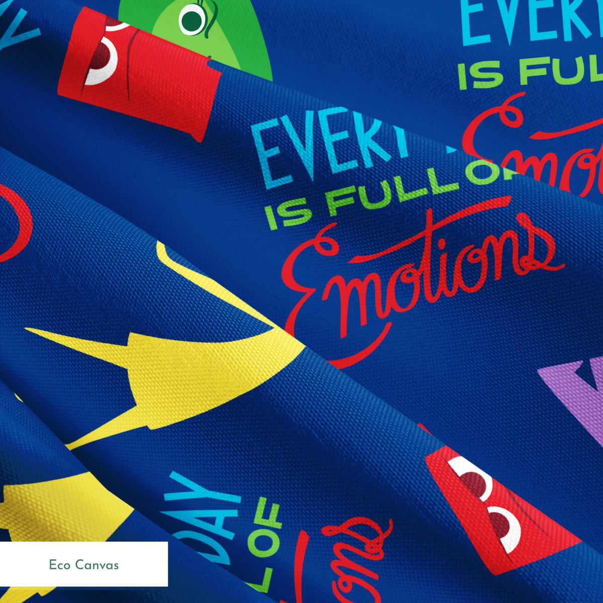 Colorful cartoon character pattern on blue background with characters from Inside Out movie and text phrases springs ecocanvas texture