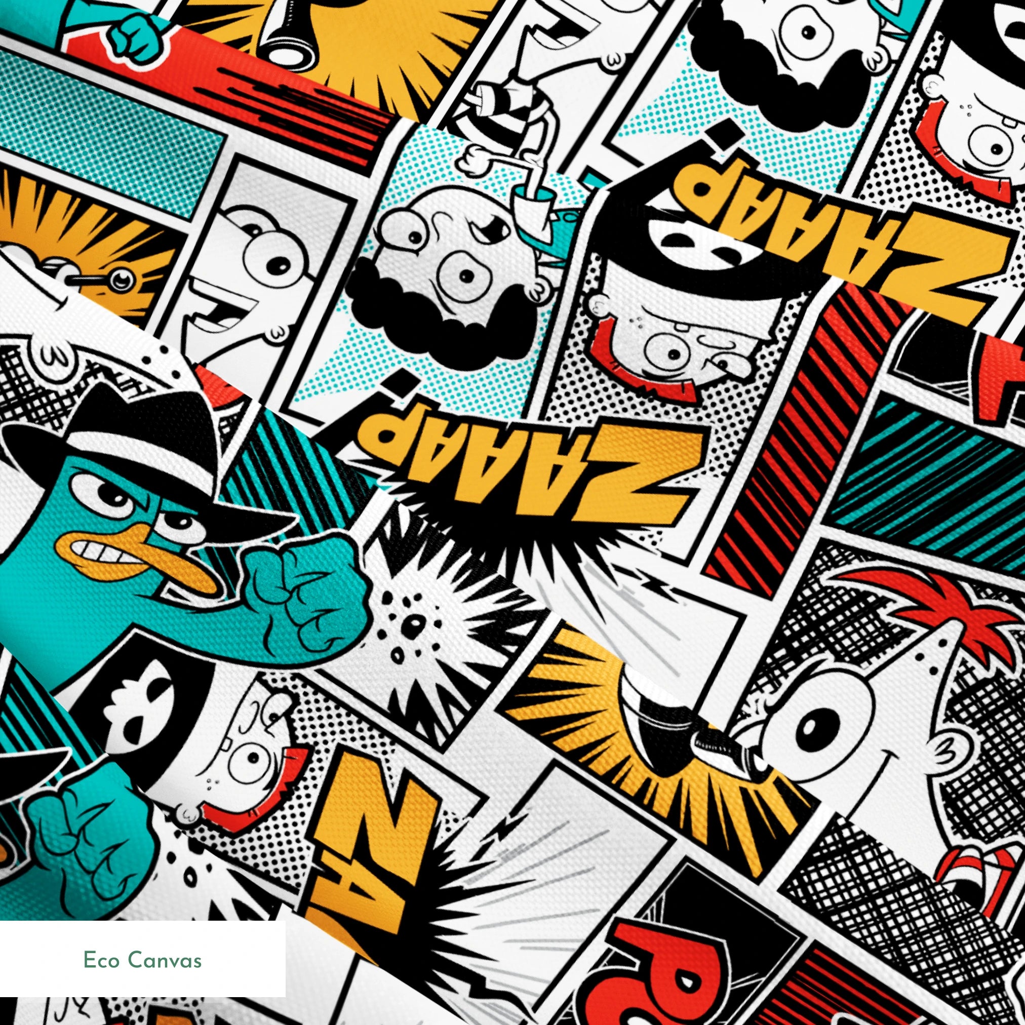 Comic book style pattern with colorful panels featuring sound effects like POW, BANG, and WHAM on red, blue, and black backgrounds springs ecocanvas texture