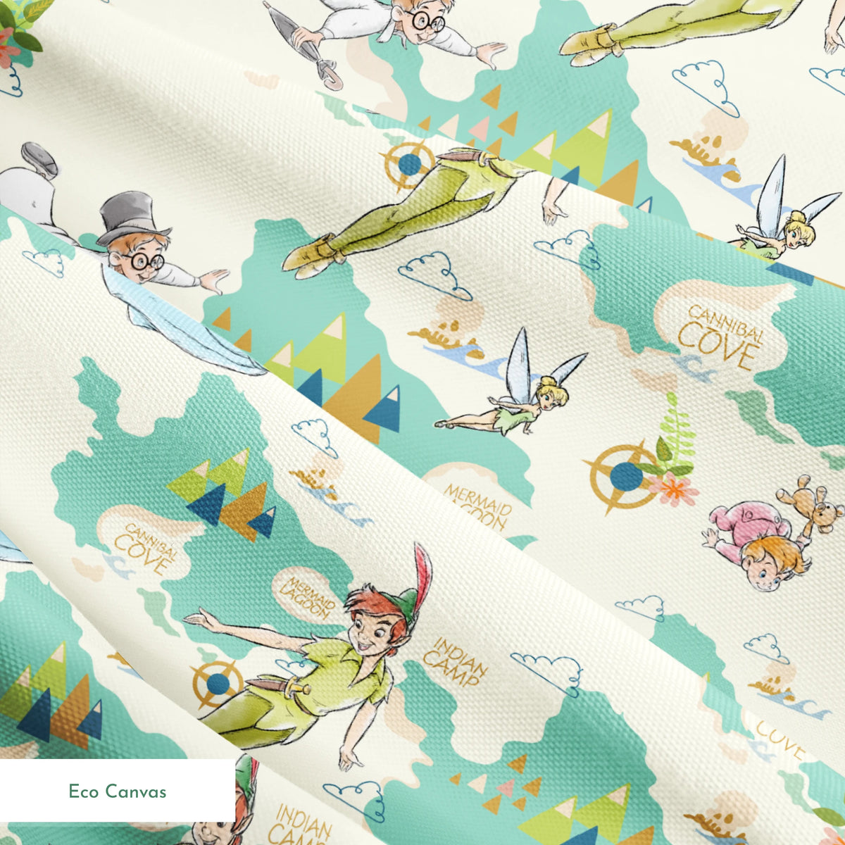 This is a whimsical Peter Pan themed pattern featuring characters flying through a turquoise sky with geometric mountains and text bubbles showing "Mermaid Cove" locations. springs ecocanvas texture