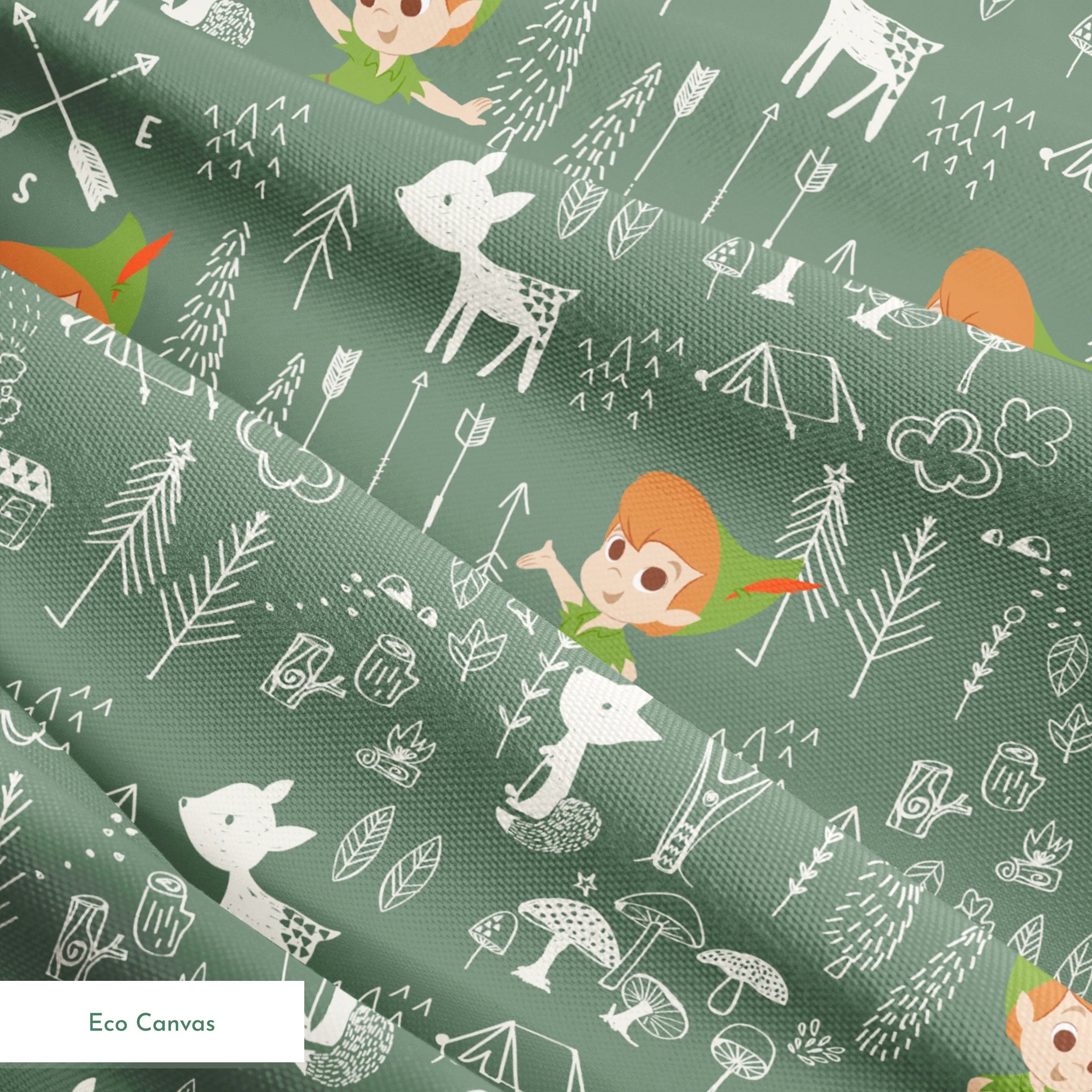 Illustrated forest pattern with cartoon characters in green outfits, white animals, and woodland elements on sage background. springs ecocanvas texture