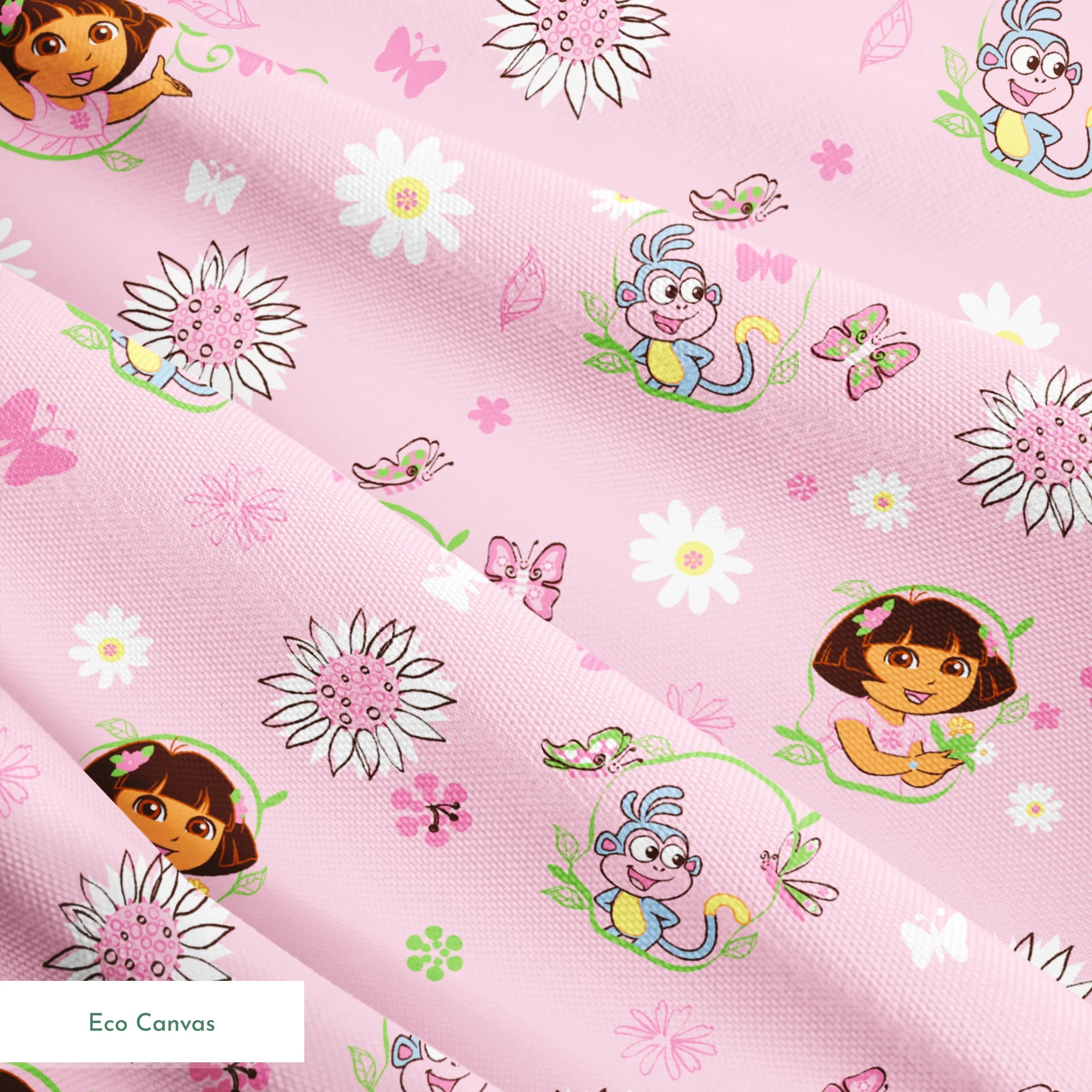 Pink background with Dora the Explorer characters, white daisies and purple butterflies scattered throughout springs ecocanvas texture