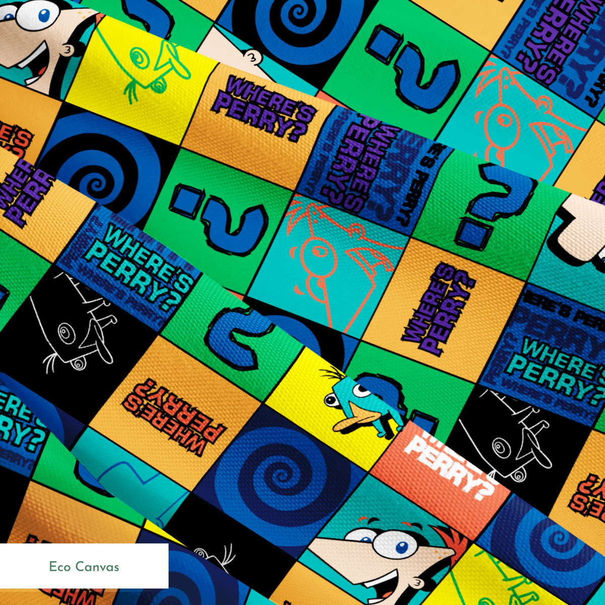 Colorful grid pattern with Phineas and Ferb cartoon characters, logos, question marks, and spirals in blue, green, and orange squares. springs ecocanvas texture