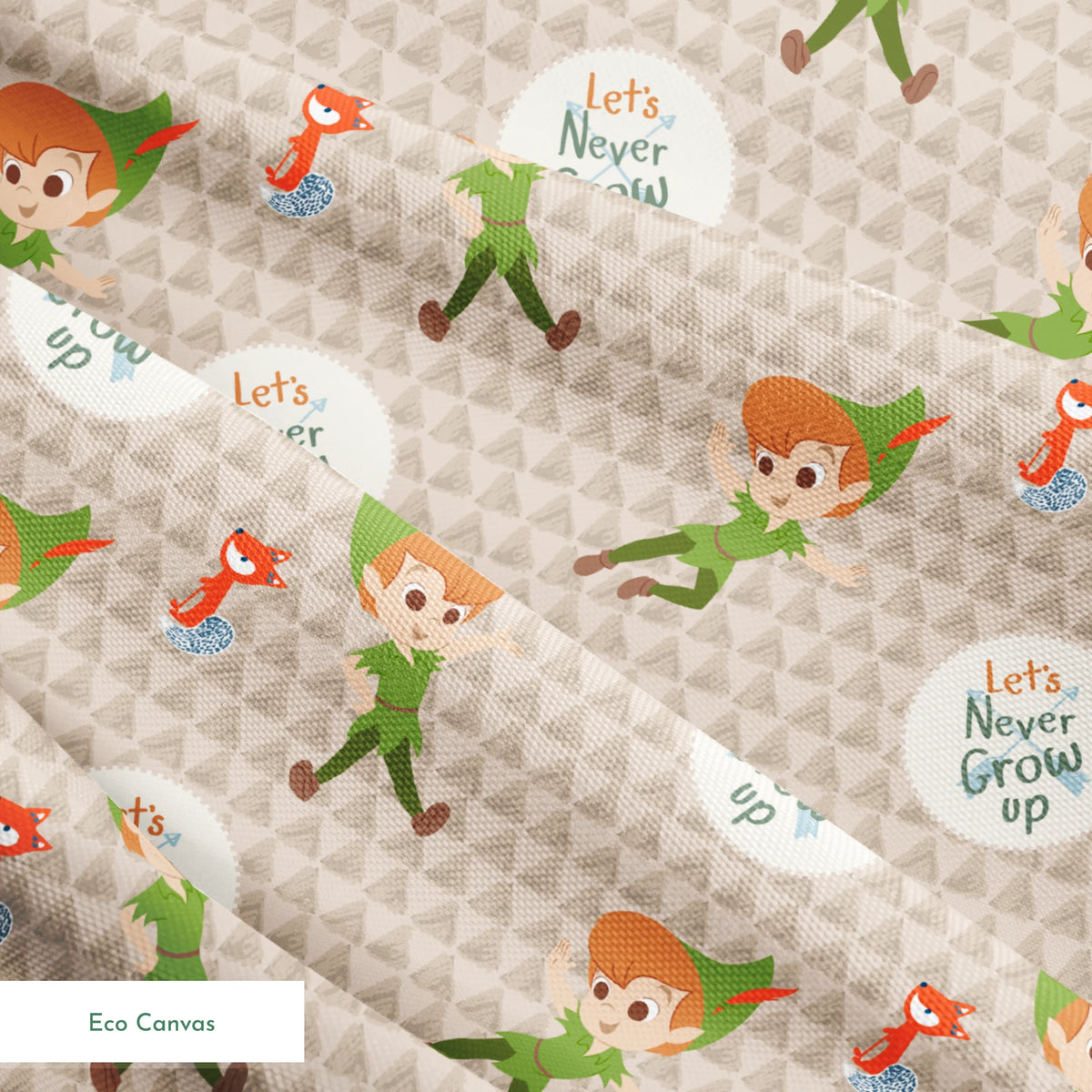 Cartoon pattern featuring Peter Pan character flying, orange foxes, and "Let's Never Grow Up" text on beige background springs ecocanvas texture