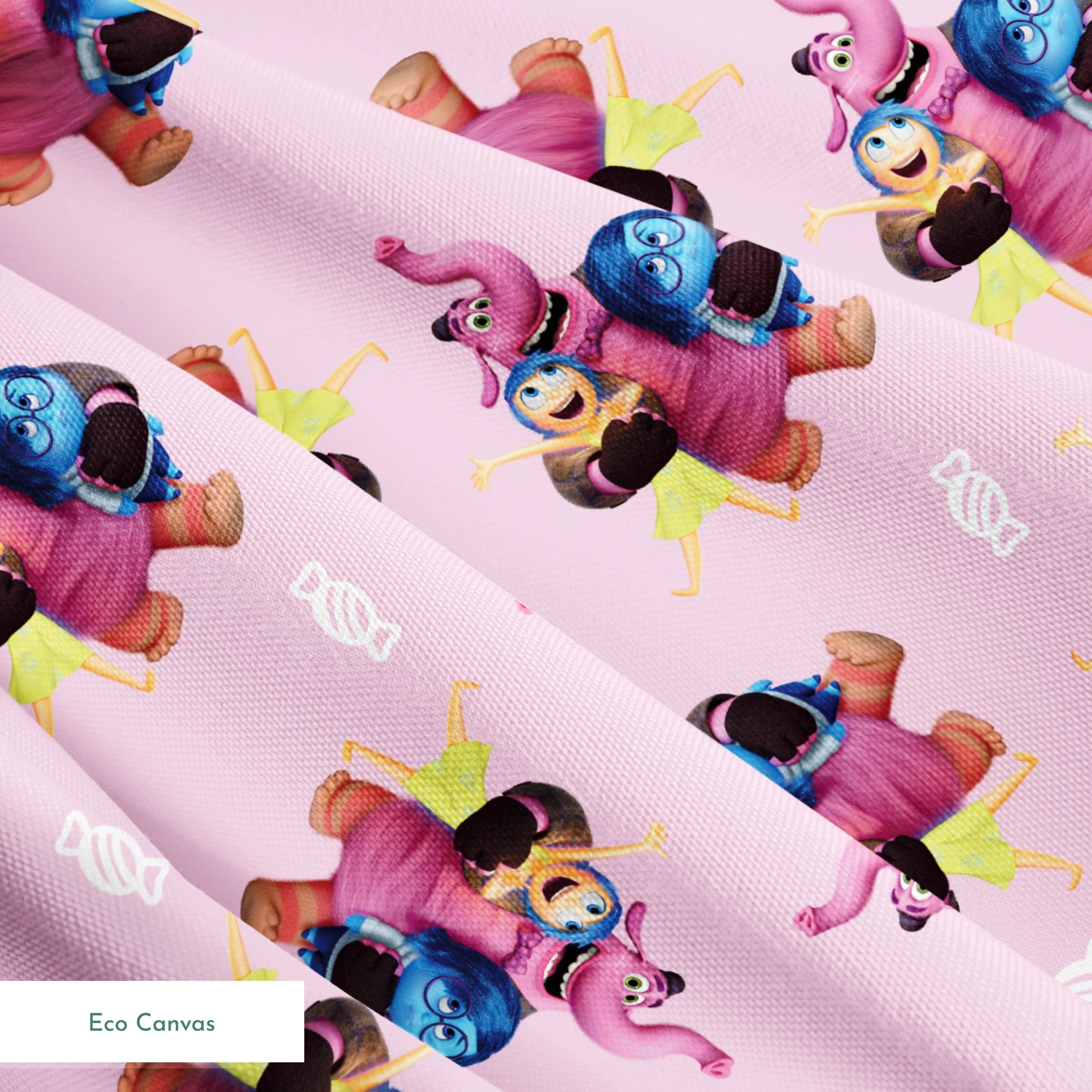 Repeating pattern of Inside Out characters on a lavender background springs ecocanvas texture