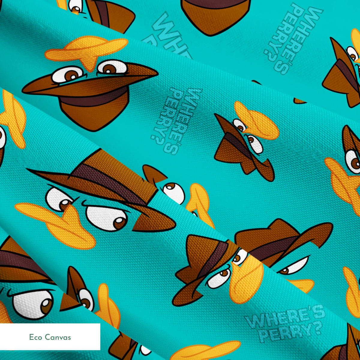 Pattern of cartoon character faces with brown fedora hats on teal background with "Where's Perry" text springs ecocanvas texture