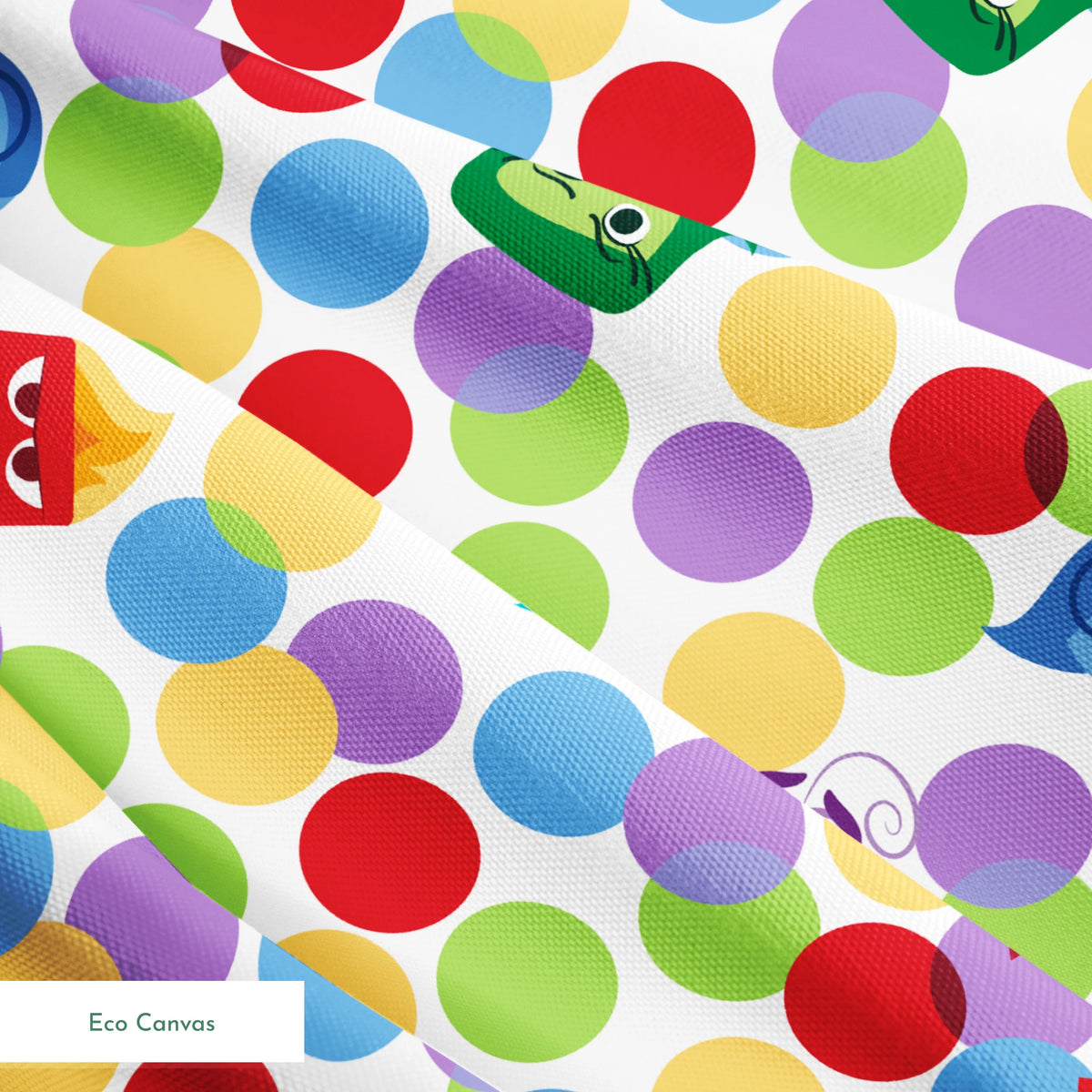 Colorful pattern with Inside Out characters scattered among multicolored polka dots springs ecocanvas texture