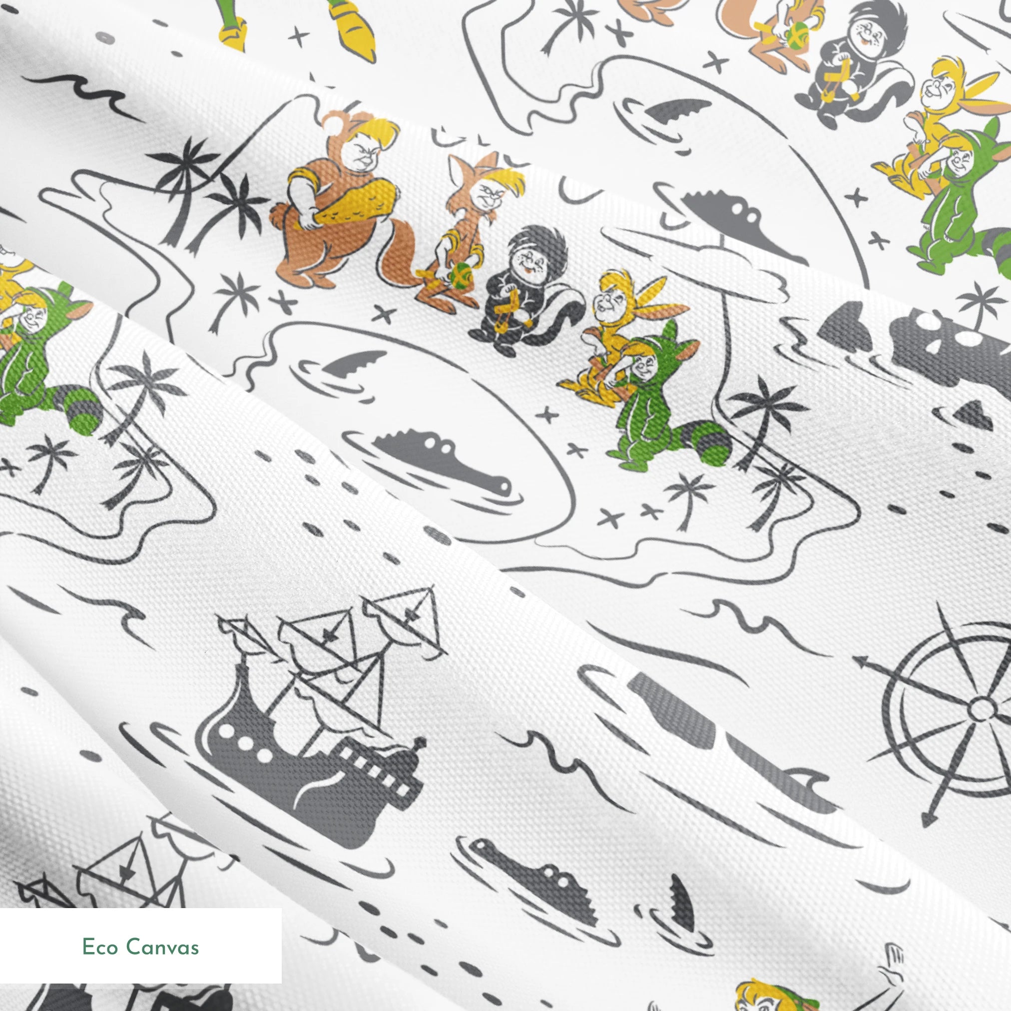 Peter Pan-inspired pattern with islands, ships, mermaids, compass roses, and pirate symbols in green, orange, and gray on white background springs ecocanvas texture