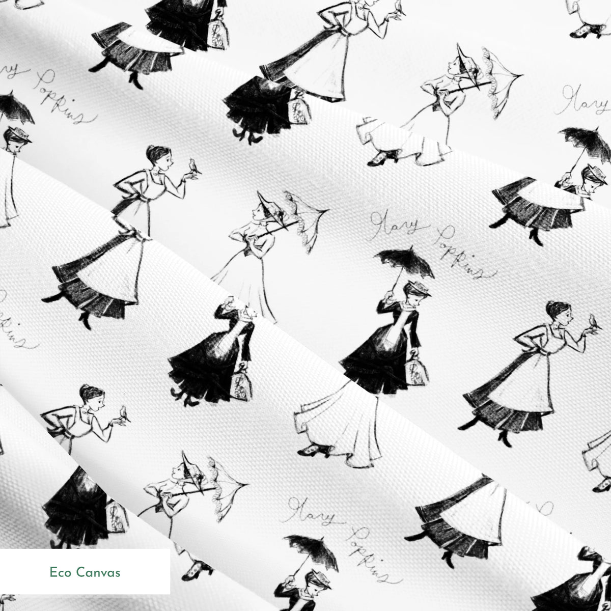 Sketchy illustration pattern of Mary Poppins, shown in various poses in black and white springs ecocanvas texture