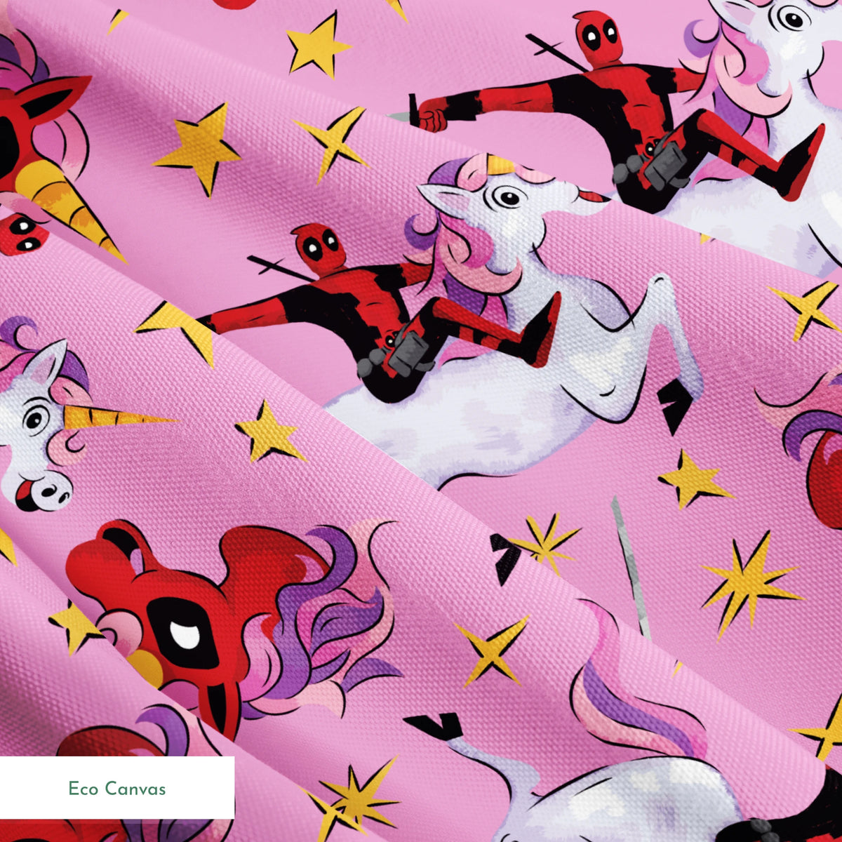 Cartoon character in red riding white unicorns with purple manes against pink starry background springs ecocanvas texture