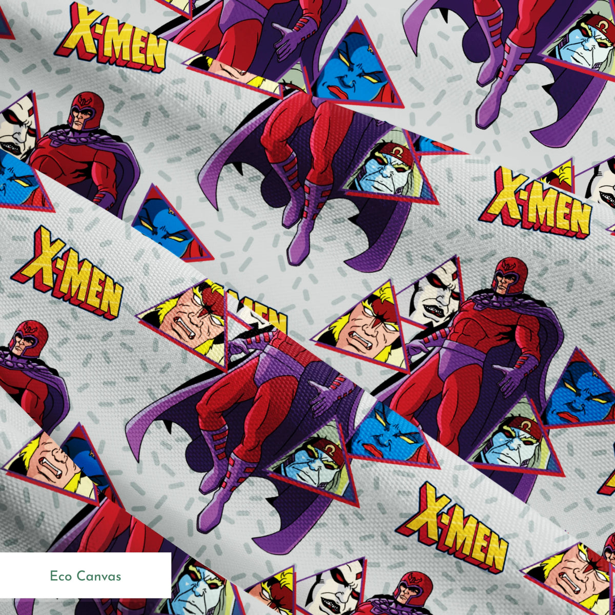 X-Men comic pattern with Magneto in purple and red costume against gray background with character portraits springs ecocanvas texture