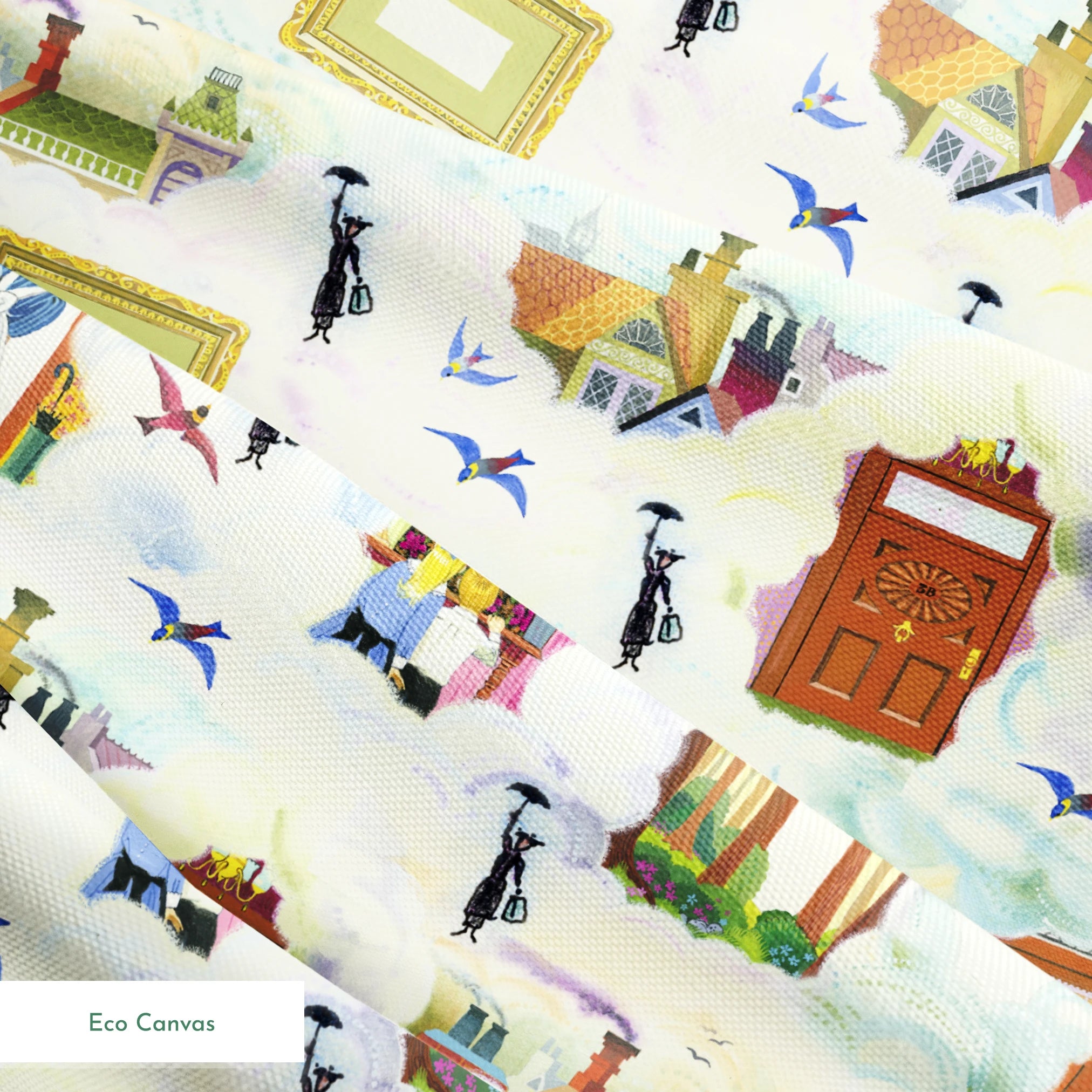 Whimsical pattern with colorful illustrated doorways, frames, and Mary Poppins with umbrellas on a pale blue background springs ecocanvas texture