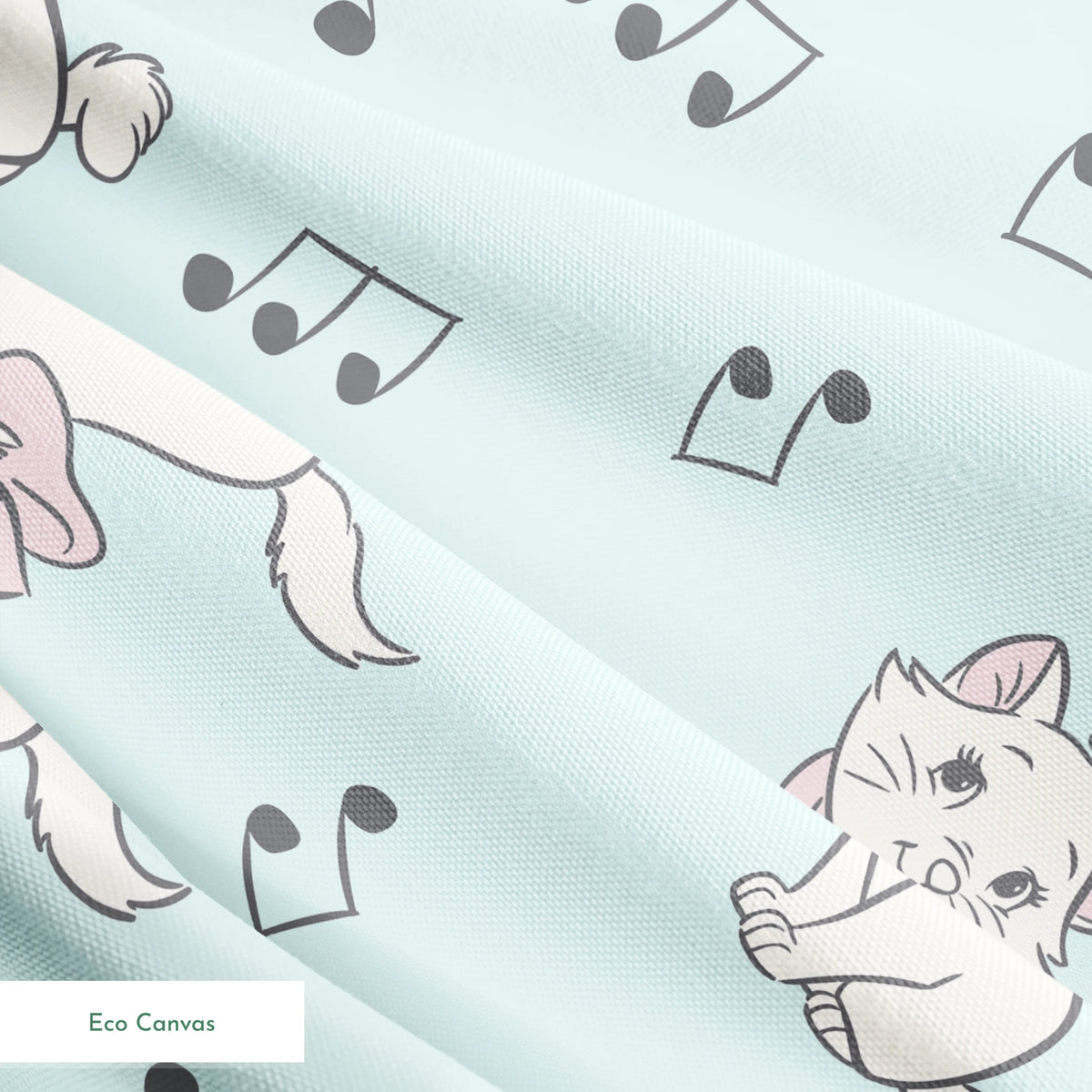 White kittens with pink bows playing among musical notes on a light mint background springs ecocanvas texture