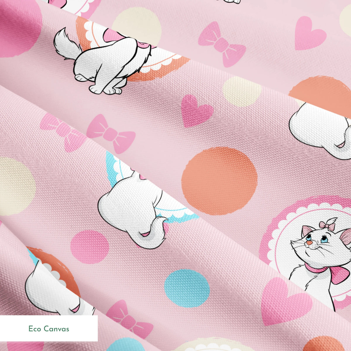 Marie from The Aristocats with pink bows in decorative circular frames on pink polka dot background with bow motifs springs ecocanvas texture