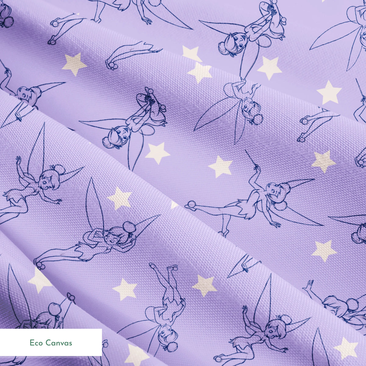 Tinker Bell dancing across a lavender purple background with white stars springs ecocanvas texture