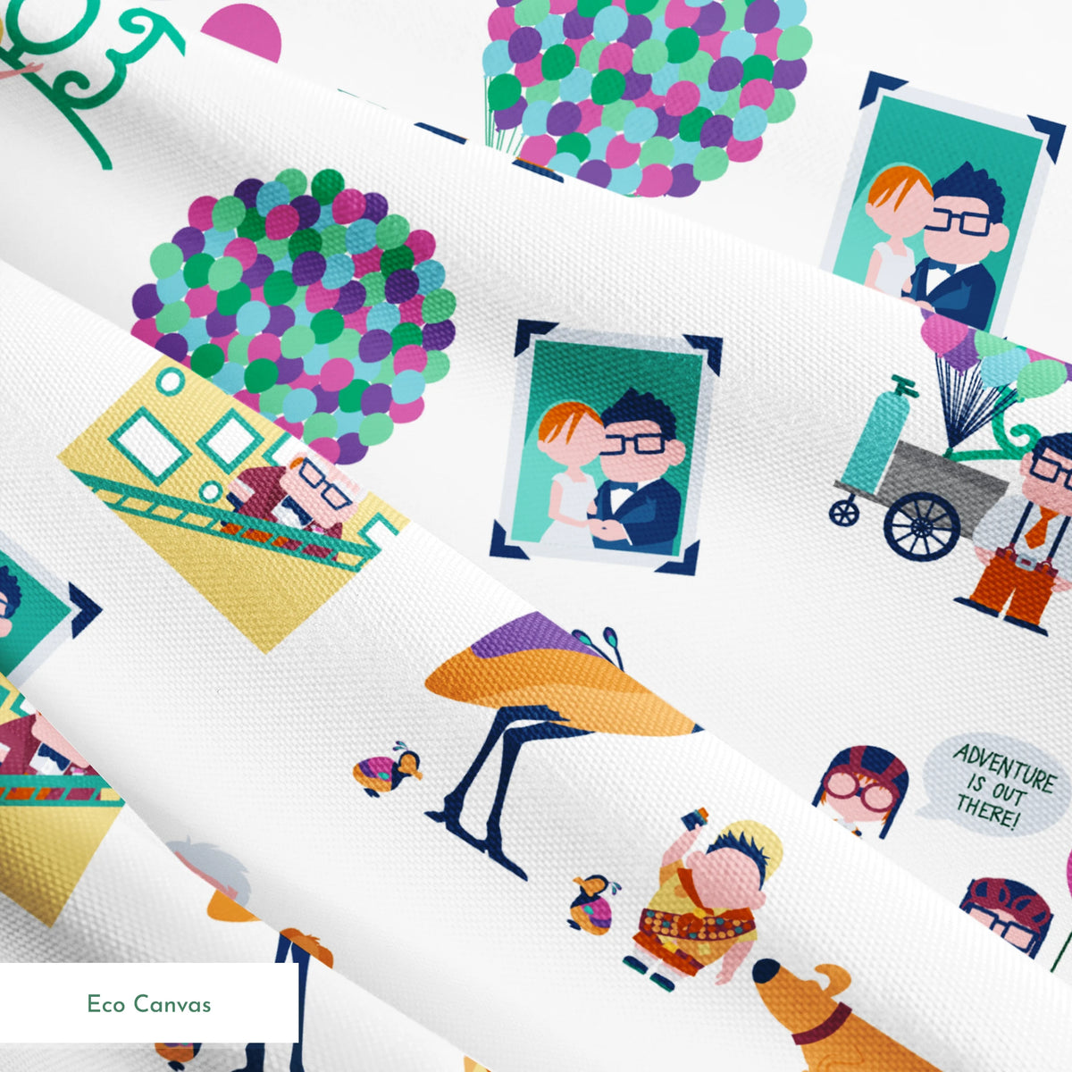Colorful illustrated Up-inspired zoo pattern with cartoon characters, houses with balloons, peacocks, and family portraits on white background. springs ecocanvas texture