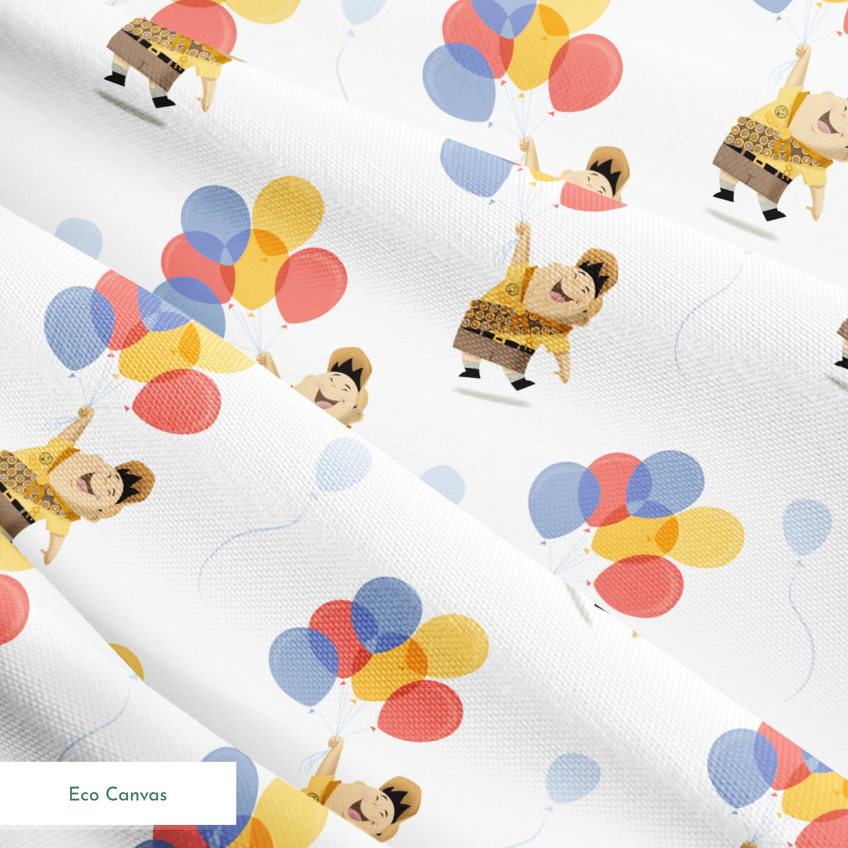 Up's Russell in explorer outfit floating with colorful balloons on white background pattern springs ecocanvas texture