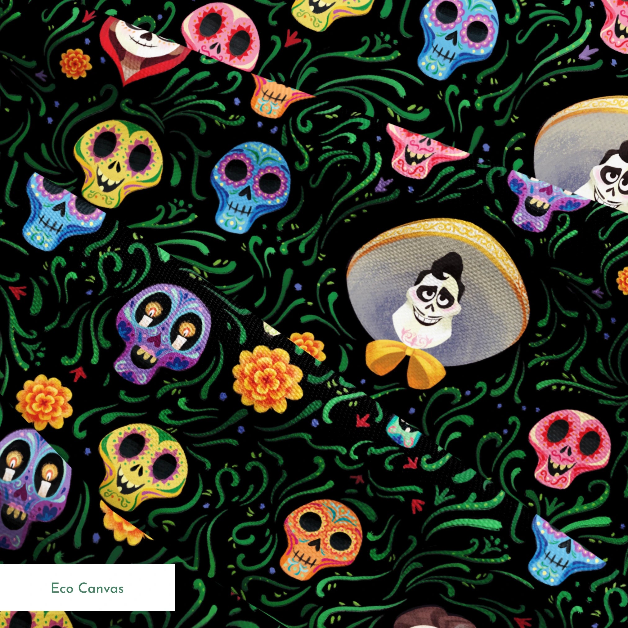 Colorful Coco stylized sugar skulls with sombreros scattered among green vines and orange flowers on black background springs ecocanvas texture