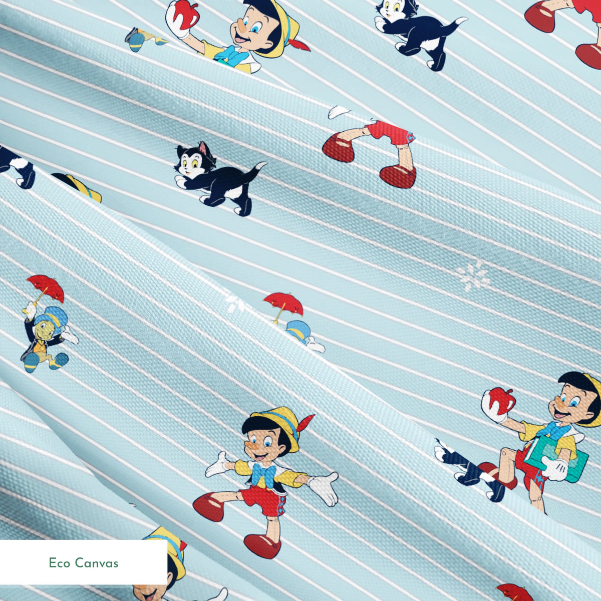 Cartoon pattern with boy character holding apple, black kittens, snowflakes on light blue striped background springs ecocanvas texture