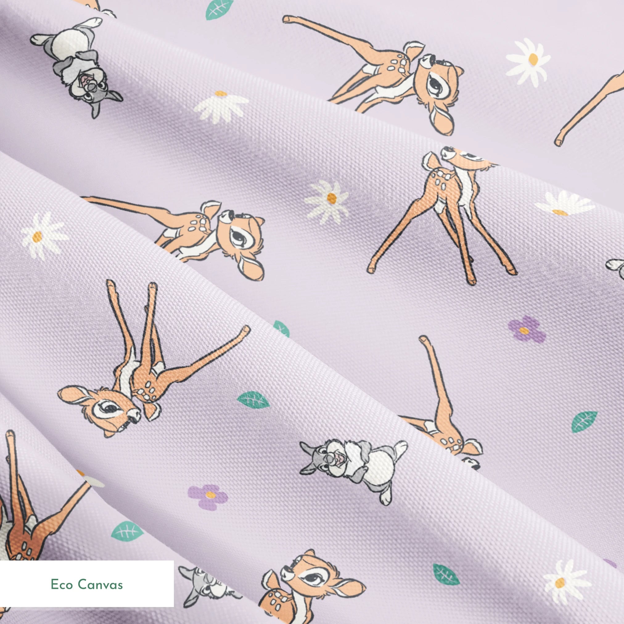 Seamless pattern of cartoon deer and bunnies with daisies and small flowers on lavender background springs ecocanvas texture