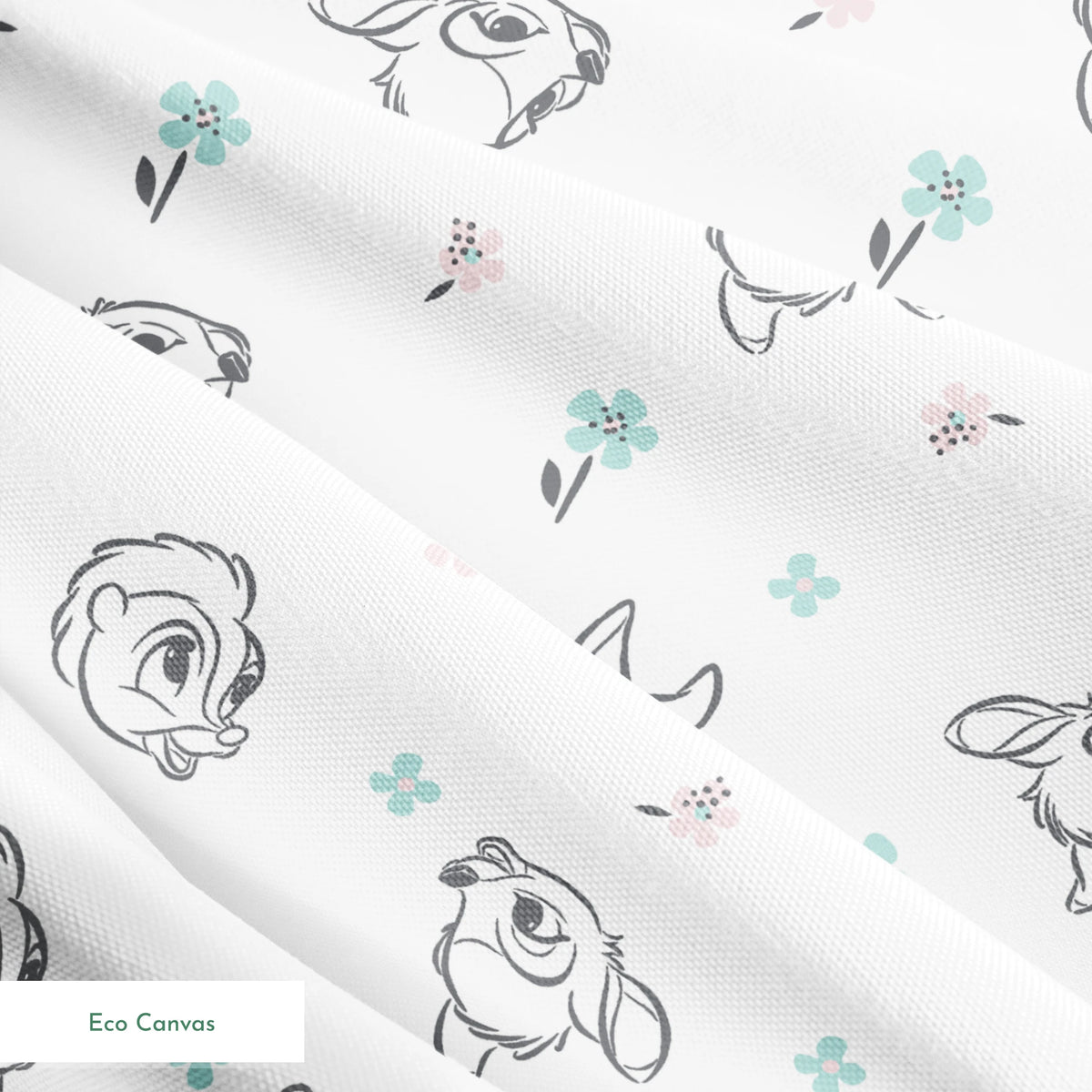 Sketch-style animals from Disney Bambi with pastel flowers on a white background. springs ecocanvas texture