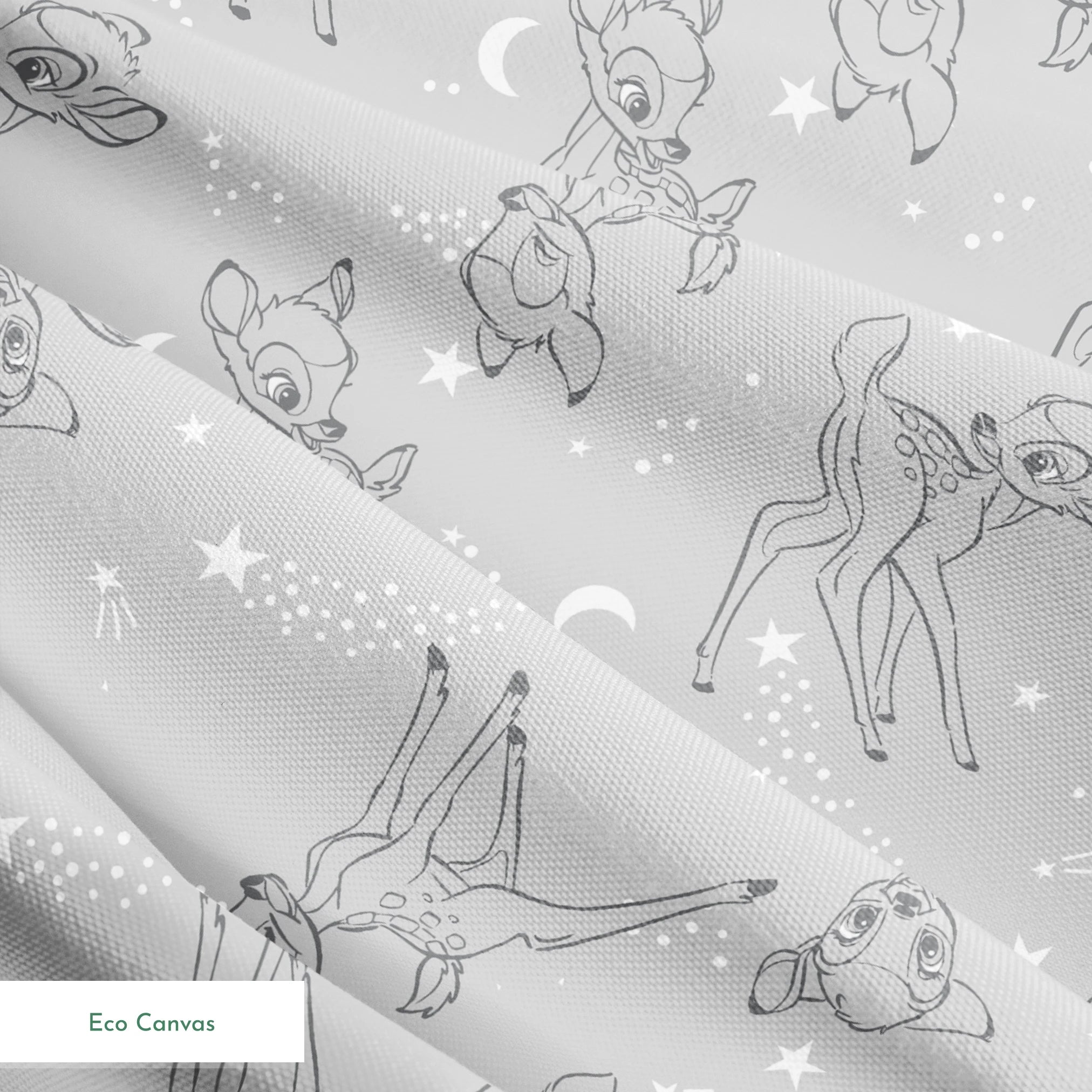 Line art illustrations of Disney’s Bambi surrounded by stars, moons, and stardust trails on a soft gray background in a scattered repeat. springs ecocanvas texture