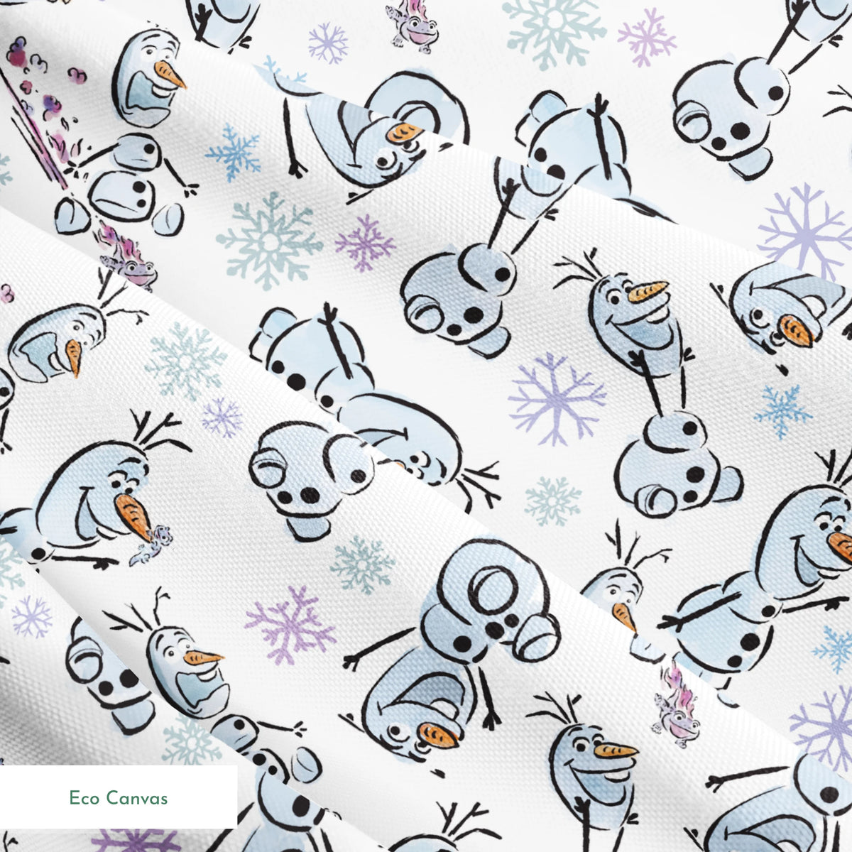 Disney Frozen Olaf with different happy expressions scattered on light blue background with snowflakes springs ecocanvas texture