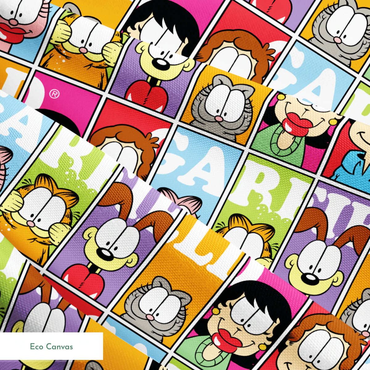 Colorful comic grid pattern with Garfield characters and letters arranged in repeating squares springs ecocanvas texture