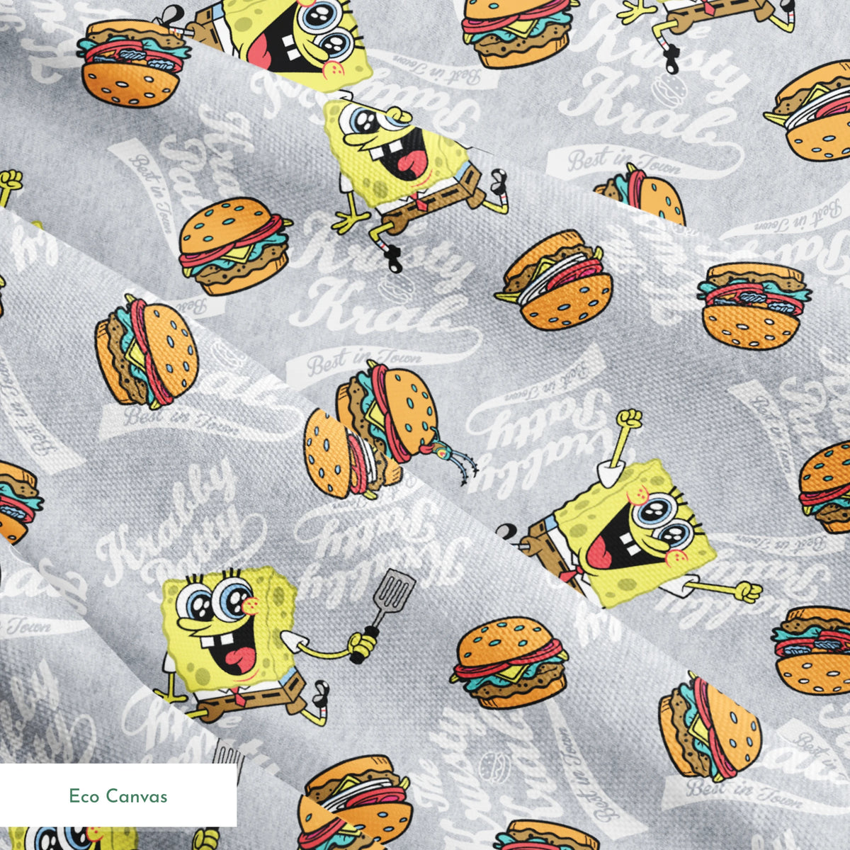 SpongeBob surrounded by Krabby Patties, spatulas, and “The Krusty Krab” text on a heather gray background in a playful cartoon-style design. springs ecocanvas texture