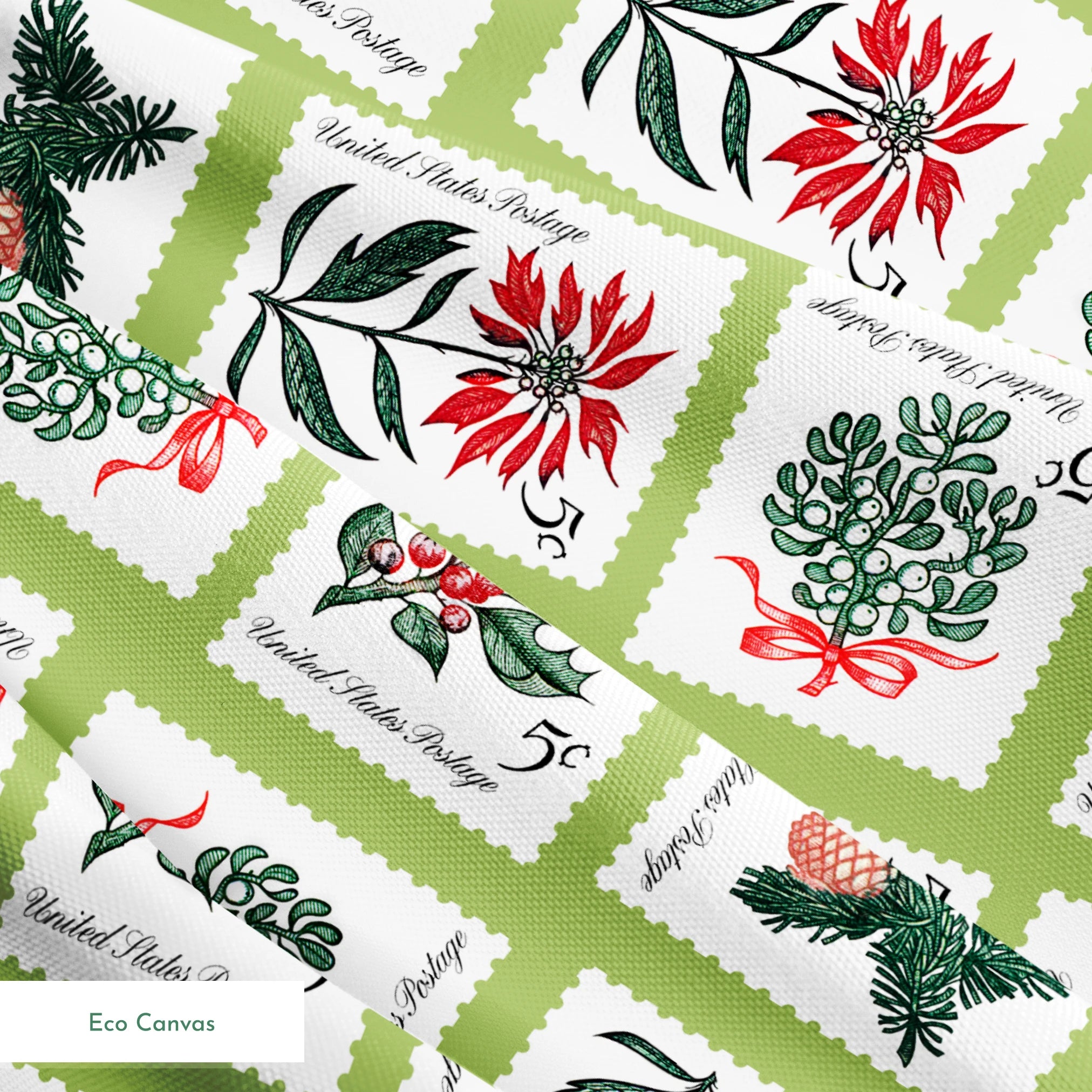 USPS Holiday Botanicals Stamp Collage on Green Fabric