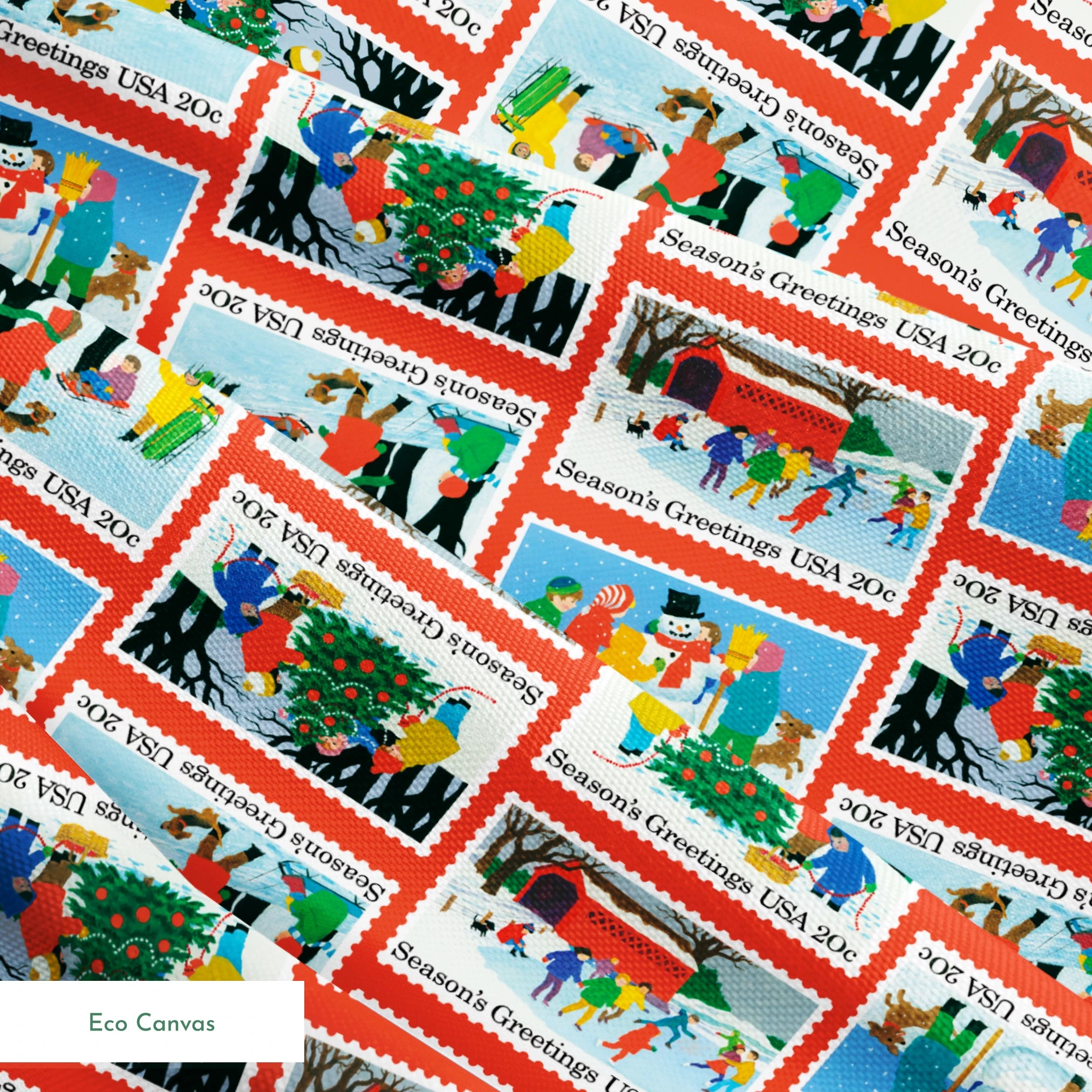 USPS Scenic Season's Greetings Stamps on Red Fabric