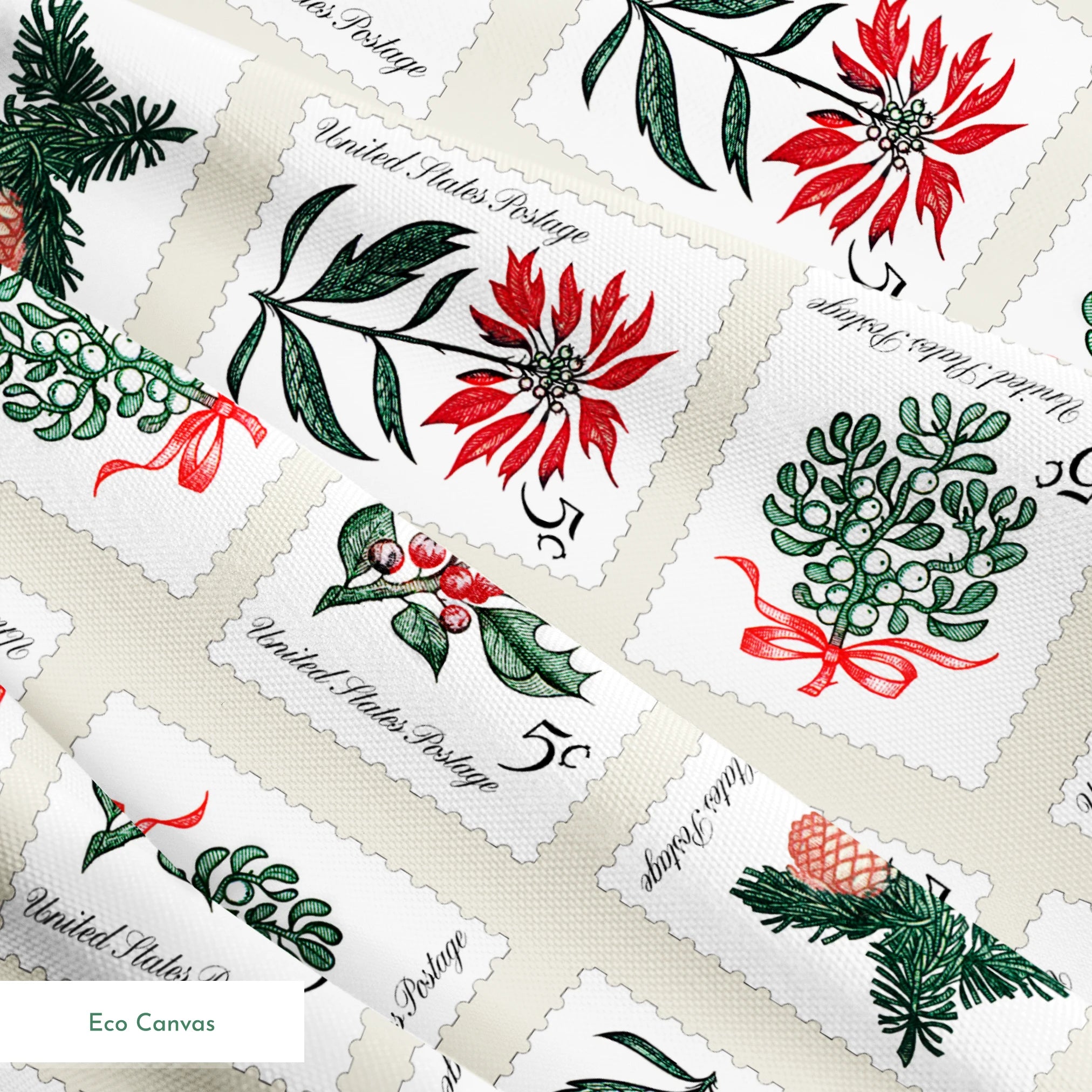 USPS Holiday Botanicals Stamp Collage on Cream Fabric