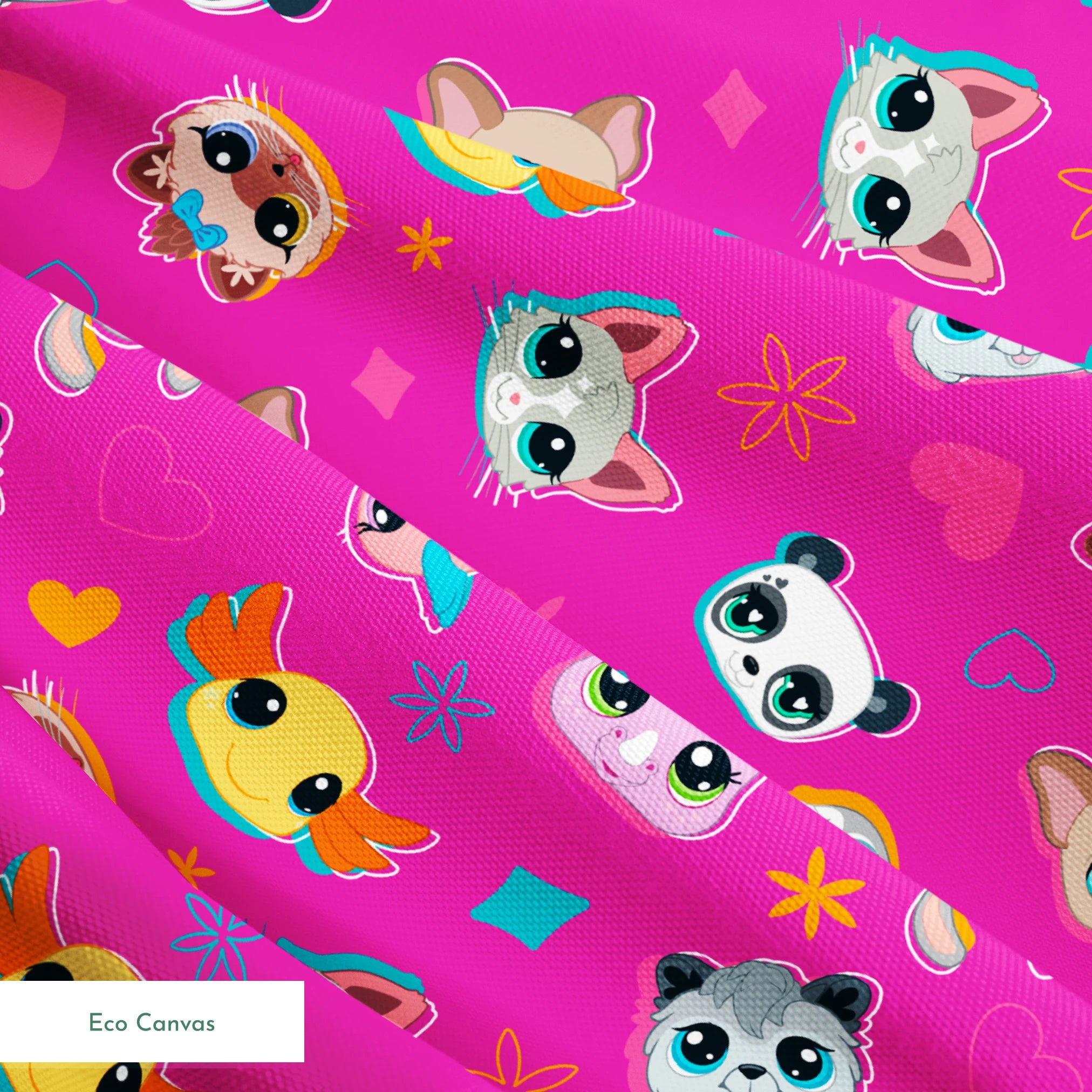 Hasbro Littliest Pet Shop Shapes and Faces on Hot Pink Fabric