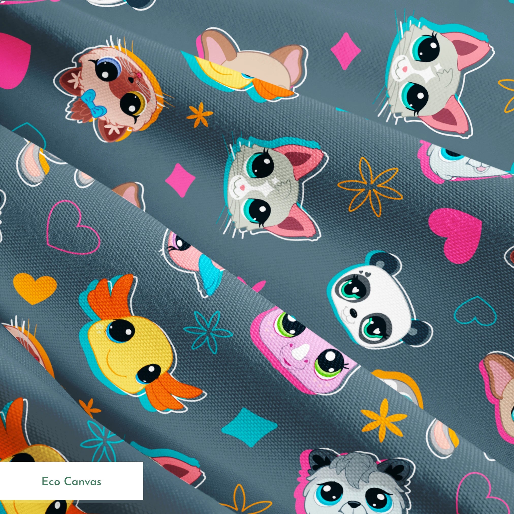 Hasbro Littliest Pet Shop Shapes and Faces on Grey Fabric