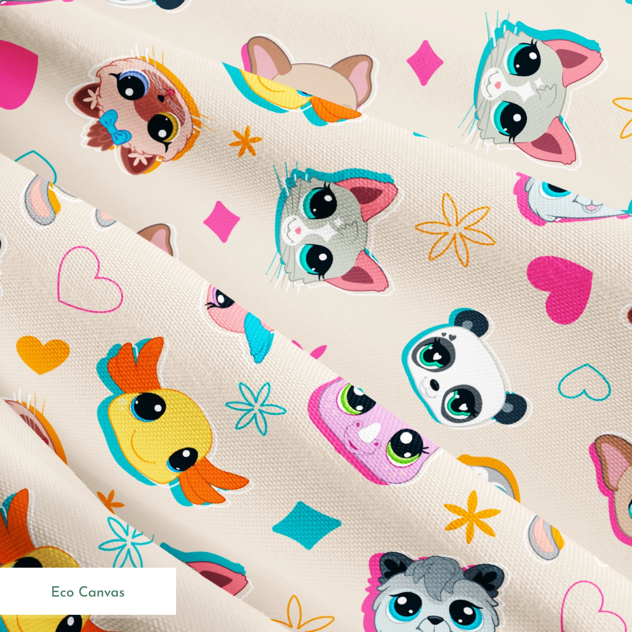 Hasbro Littliest Pet Shop Shapes and Faces on Beige Fabric