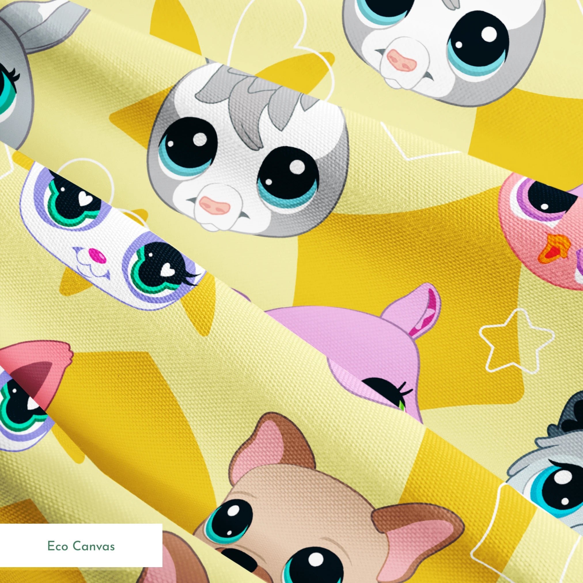 Hasbro Littliest Pet Shop Cute Faces Toss on Yellow Fabric