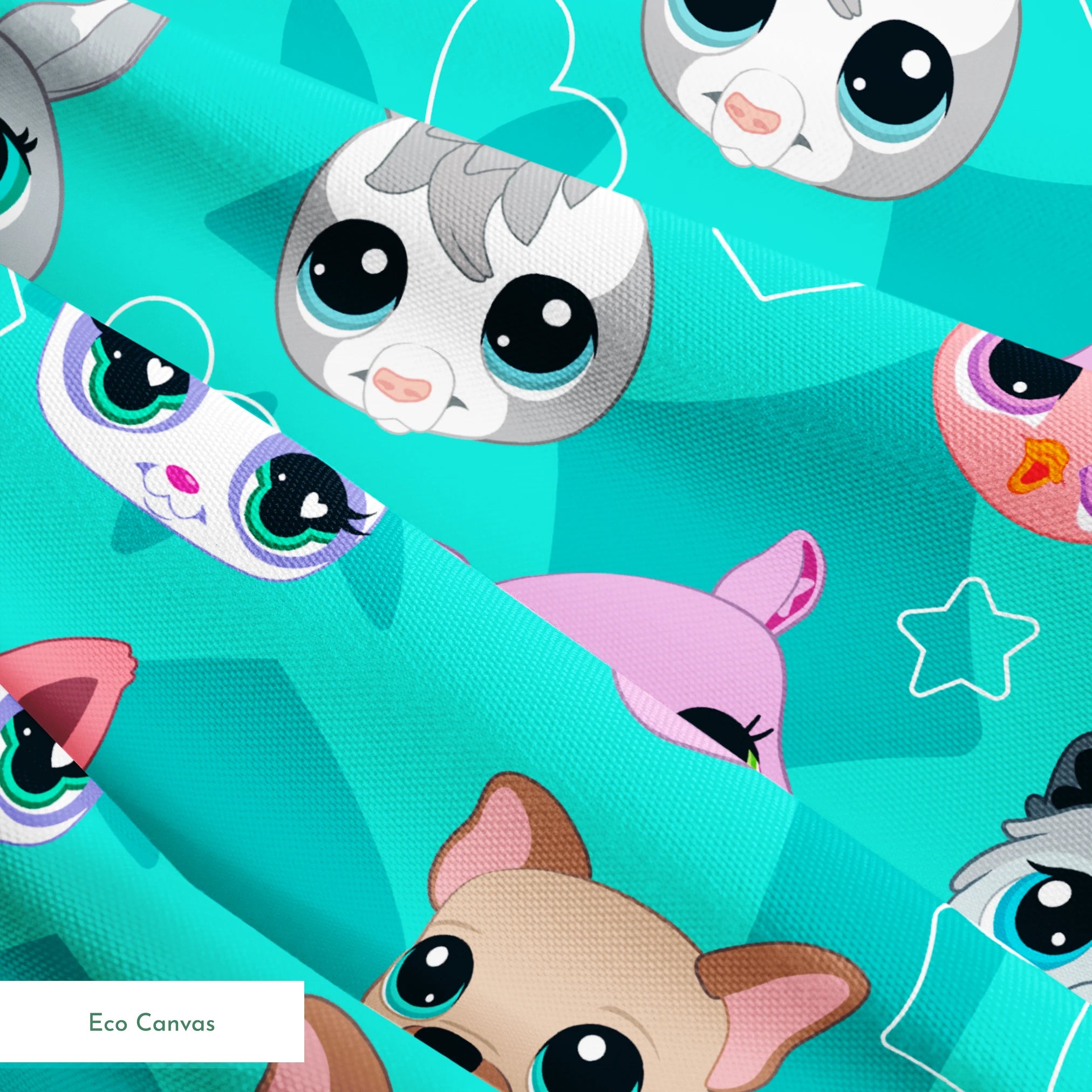 Hasbro Littliest Pet Shop Cute Faces Toss on Teal Fabric
