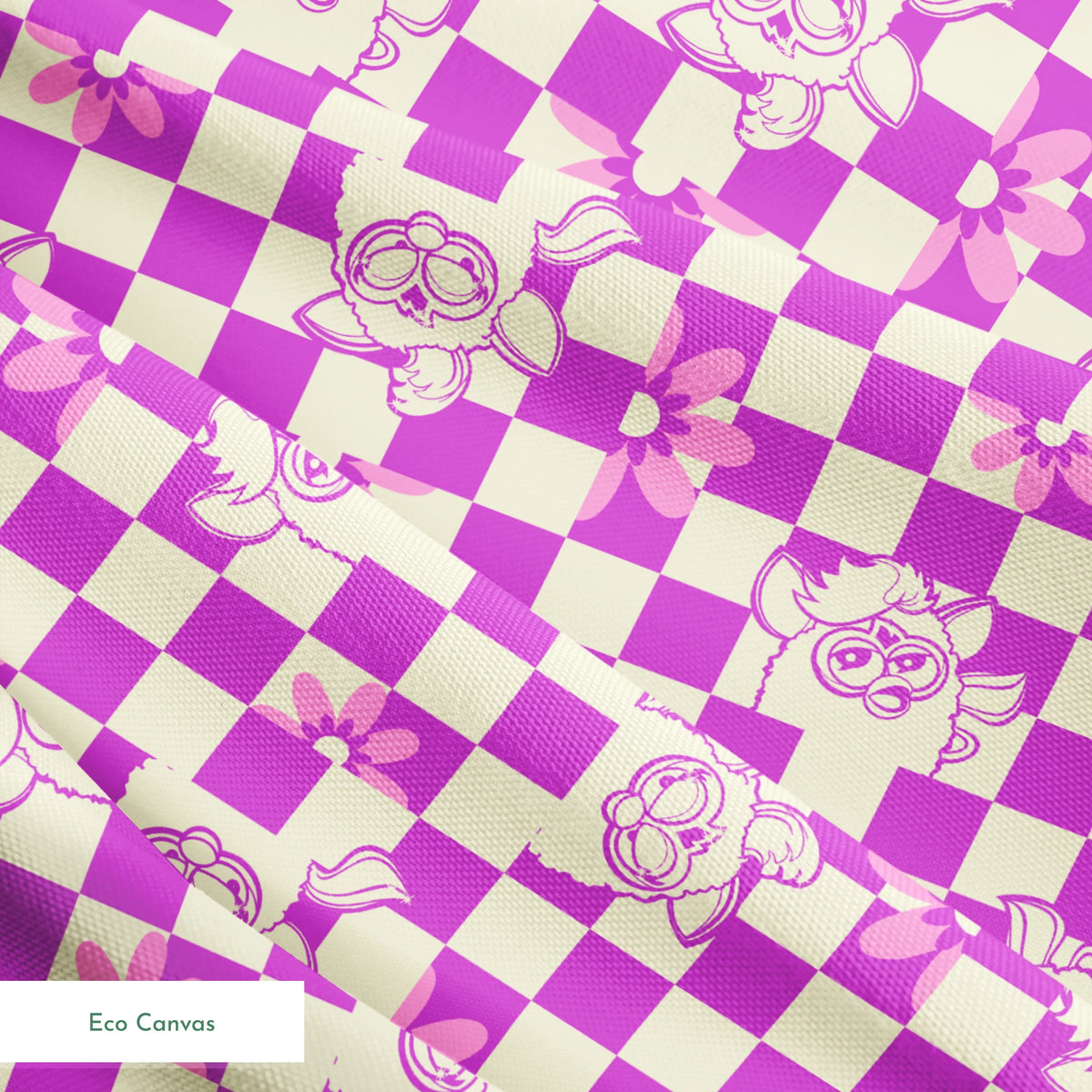 Hasbro Furby Checkered Flowers on Purple Fabric