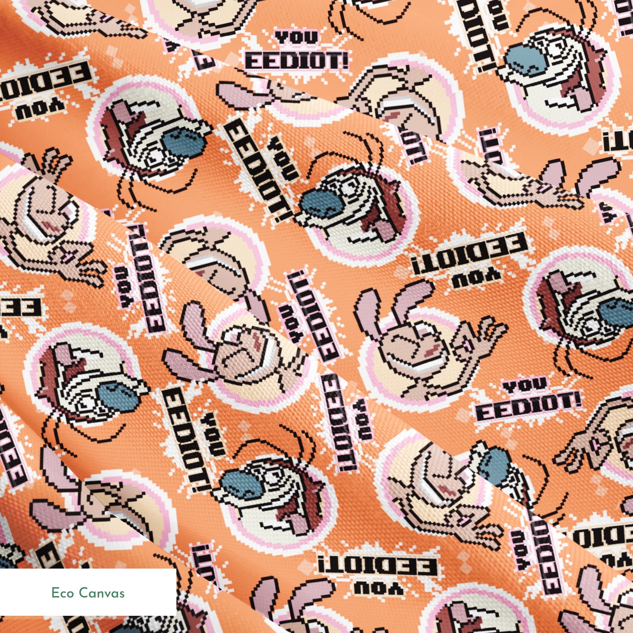 Ren & Stimpy EEDIOT! Pixels on Orange Fabric
