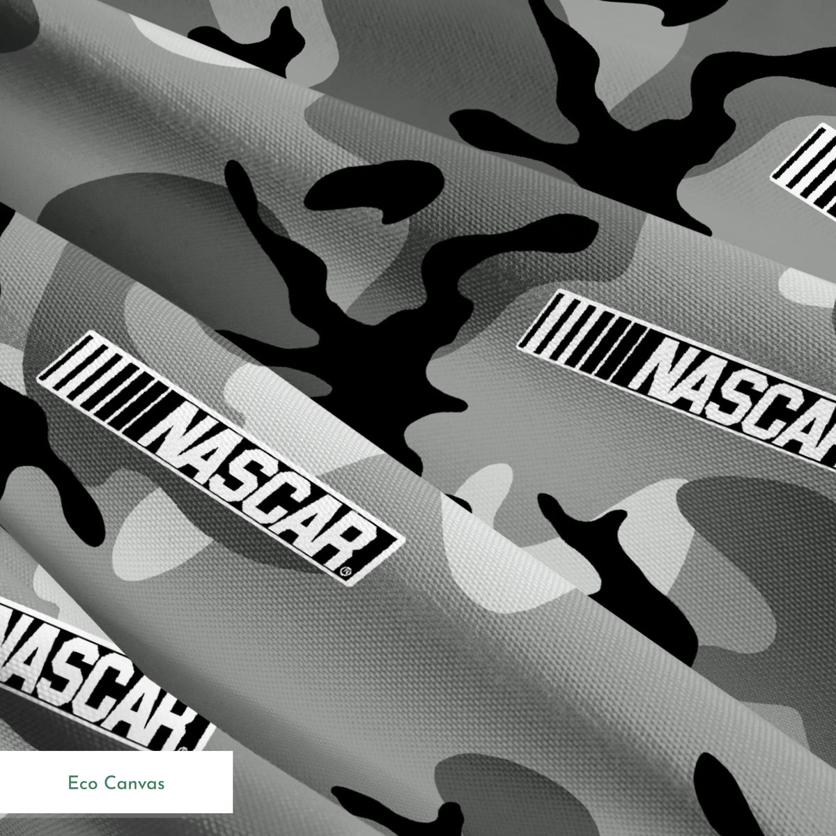 NASCAR® Retro Logo and Camo Toss on Grey Fabric