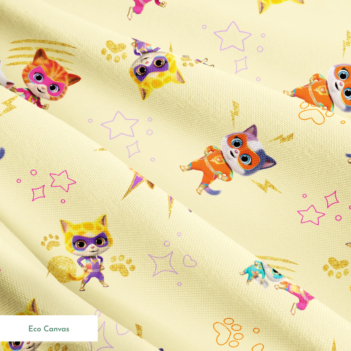 Disney Jr's. SuperKitties Fierce Fighters on Yellow Fabric