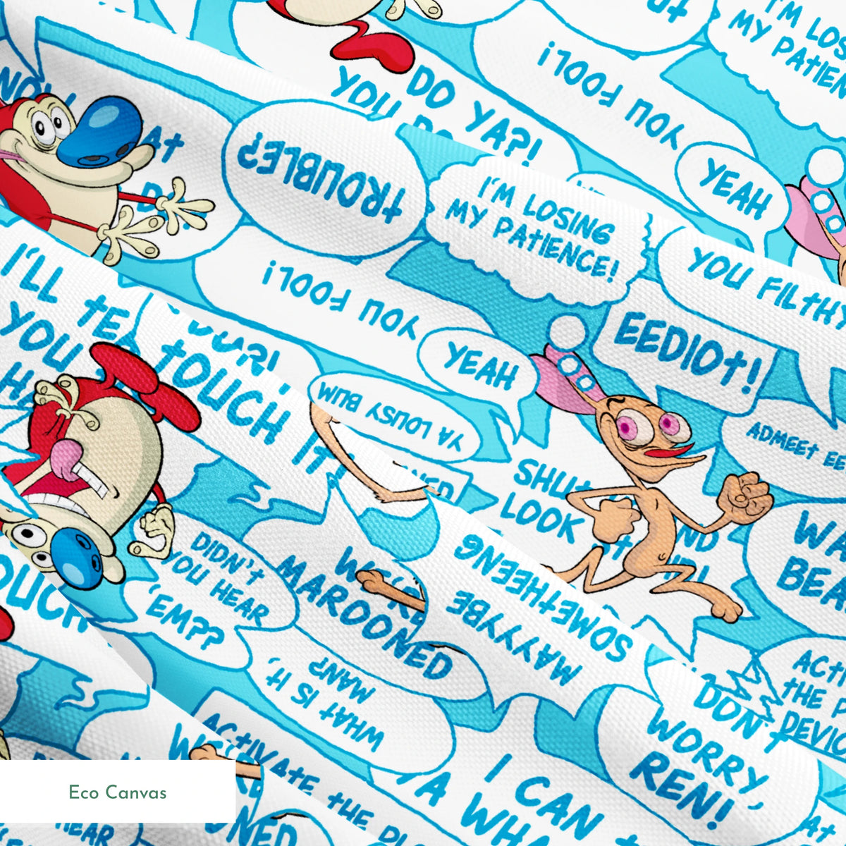Ren & Stimpy Word Blurbs on Blue Fabric