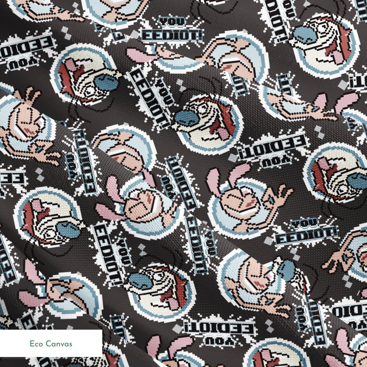 Ren & Stimpy EEDIOT! Pixels on Gray Fabric