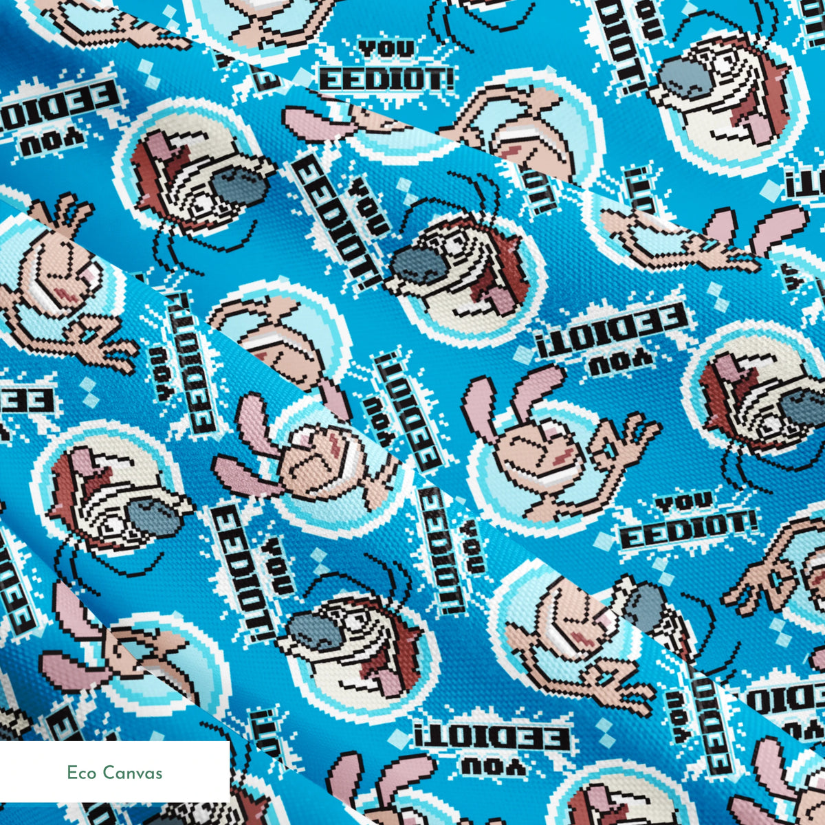 Ren & Stimpy EEDIOT! Pixels on Blue Fabric