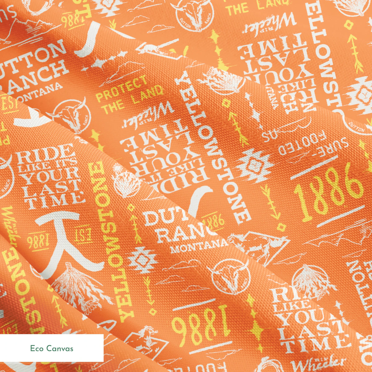 Paramount Yellowstone Verbiage Collage on Orange Fabric