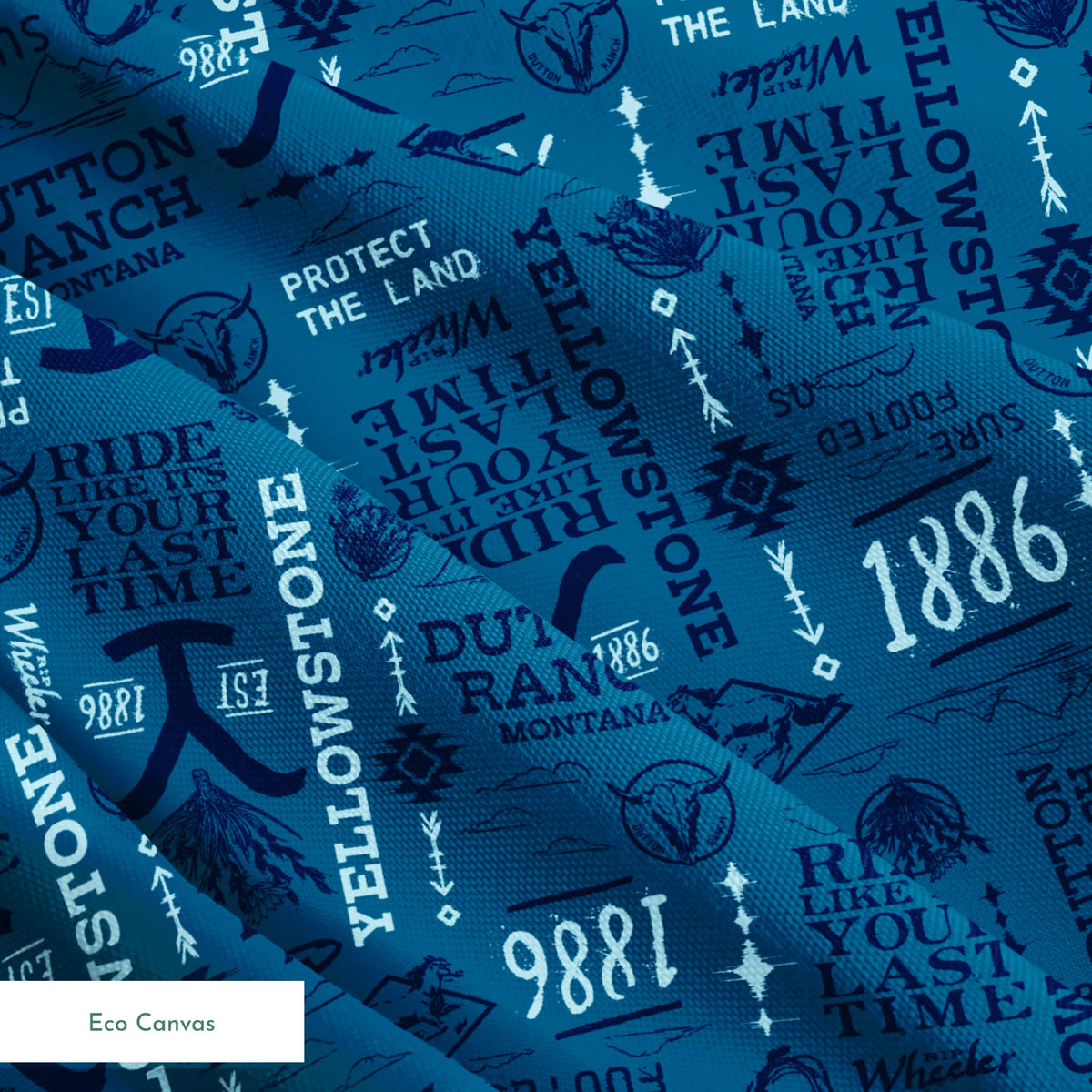 Paramount Yellowstone Verbiage Collage on Blue Fabric